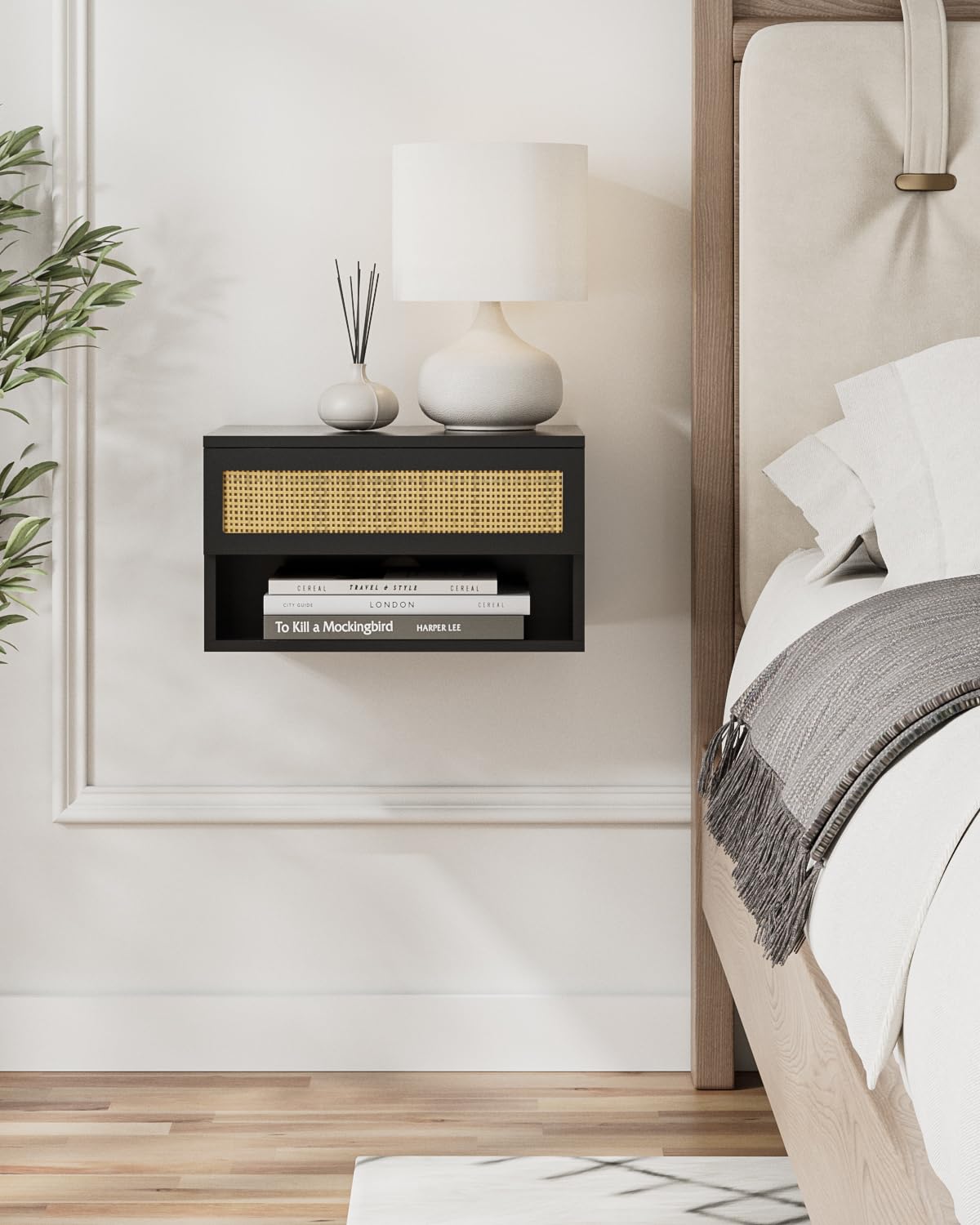 Aienvey Floating Nightstand, Small Modern Floating Nightstand with Drawer, Floating Shelves for Bedroom, Bathroom, Black Rattan Aienvey