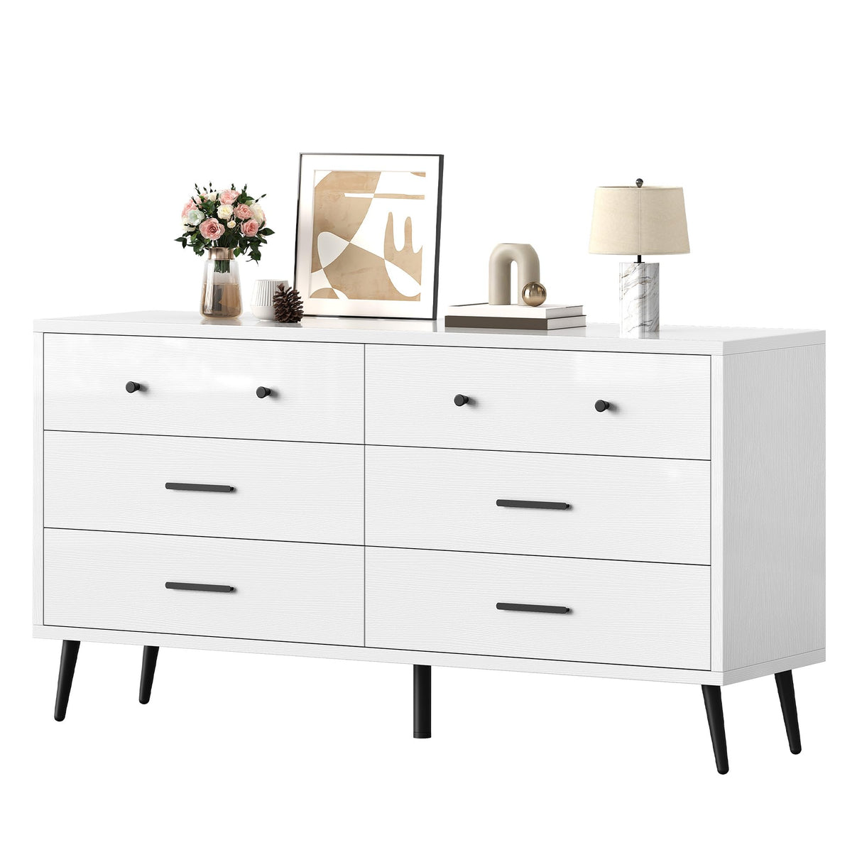 DWVO White 6 Drawers Dresser/Modern Wood Dresser Chest of Drawers with Black Metal Handle&Anti-Tipping Device/Modern Double Storage Cabinet for Entryway/Living Room-15.7" Dx55.1 Wx31.1 H DWVO