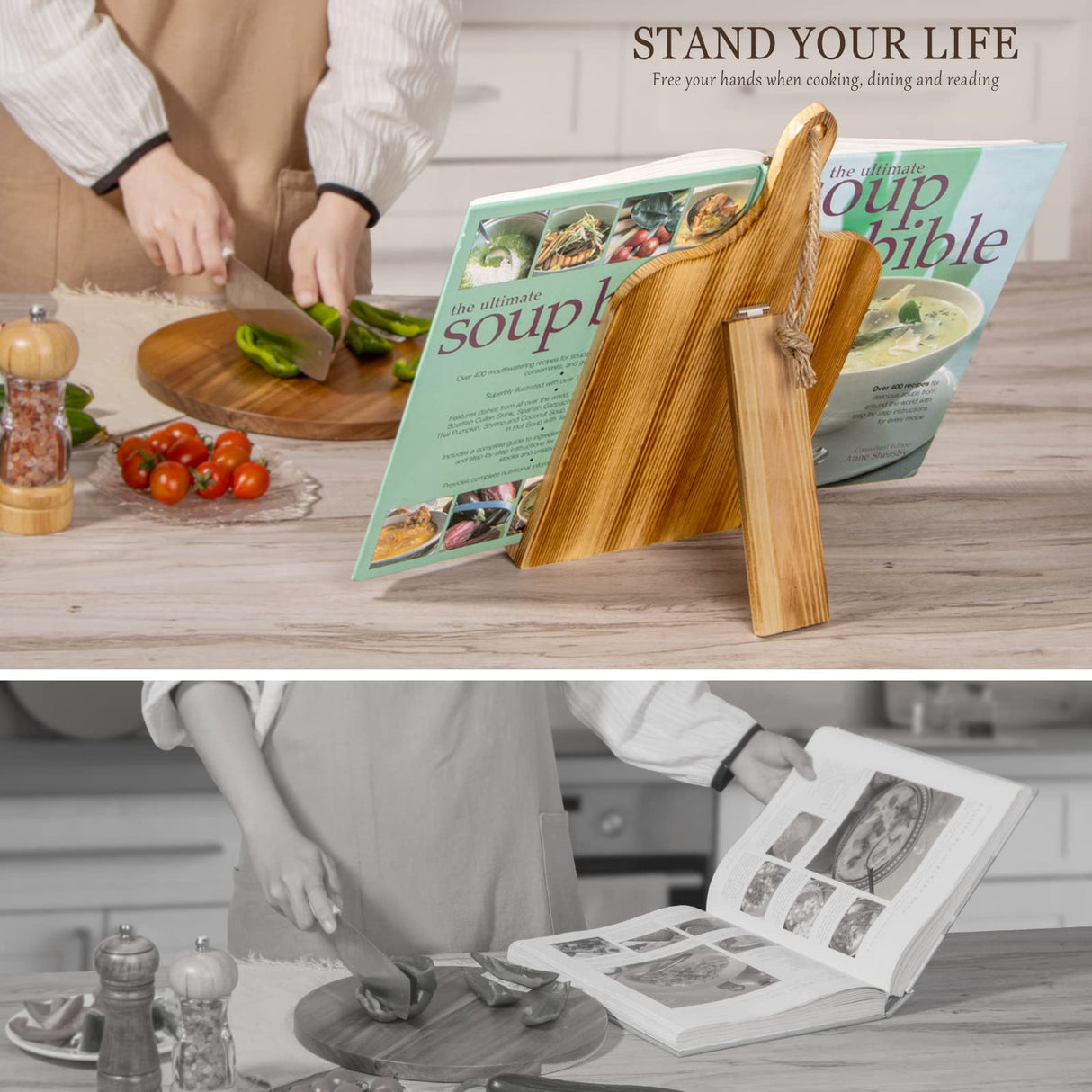 PUERSI Cook Book Stand for Kitchen Counter, Wooden Cookbook Holder, Adjustable Recipe Book Holder - Brown PUERSI