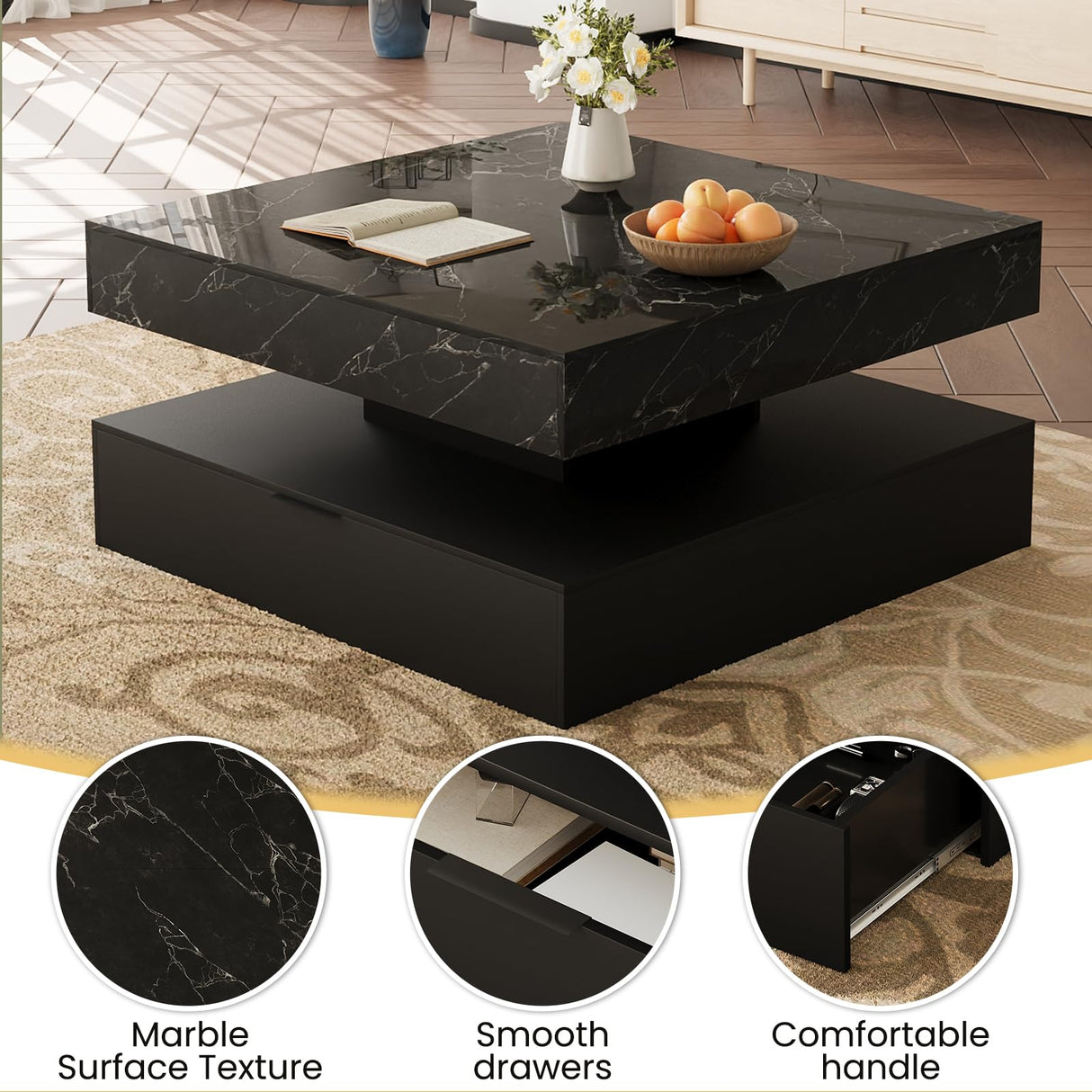 Square Coffee Table with LED Lights – 2-Tier High Gloss Minimalist Design, 30.7-Inch Modern Center Table with Storage and Drawer – Wooden Coffee Table for Living Room, Home, and Office GOFEI