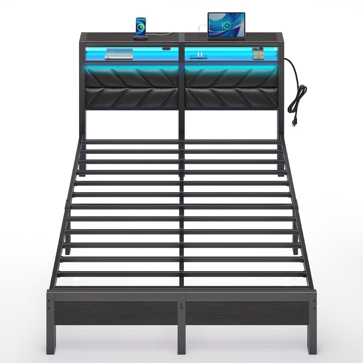 Seventable Bed Frame Queen Size with Charging Station, LED Bed with Upholstered Storage Headboard, Metal Platform Bed with Under Bed Storage, No Box Spring Needed, Noise Free, Easy Assembly, Black Seventable