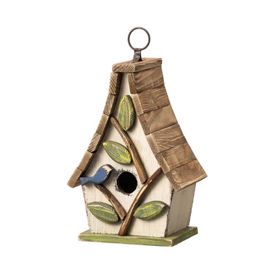 Glitzhome 9.5" H Hanging Bird House Distressed Solid Wood Decorative Outdoor Garden Birdhouse with Natural Wood Pallet Roof and 3D Tree,Washed White