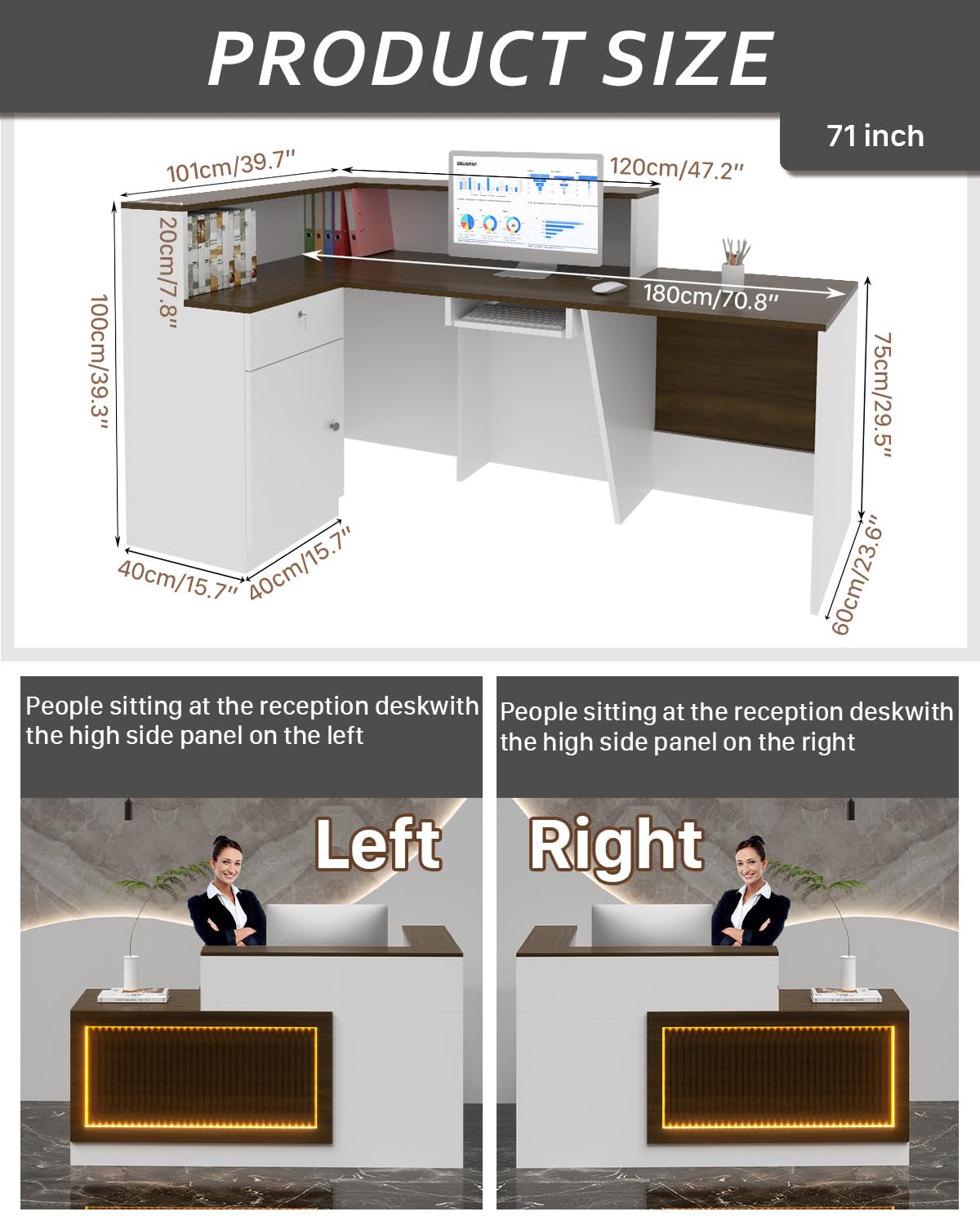 60″/71″ Modern Desk with Counter and Drawers, L Shaped Reception Desk with LED Lights, Made of Multi-Layer Solid Wood,Suitable for Lobby, Salon, Retail, Corporate Hall (Walnut-Right, 71″) Generic
