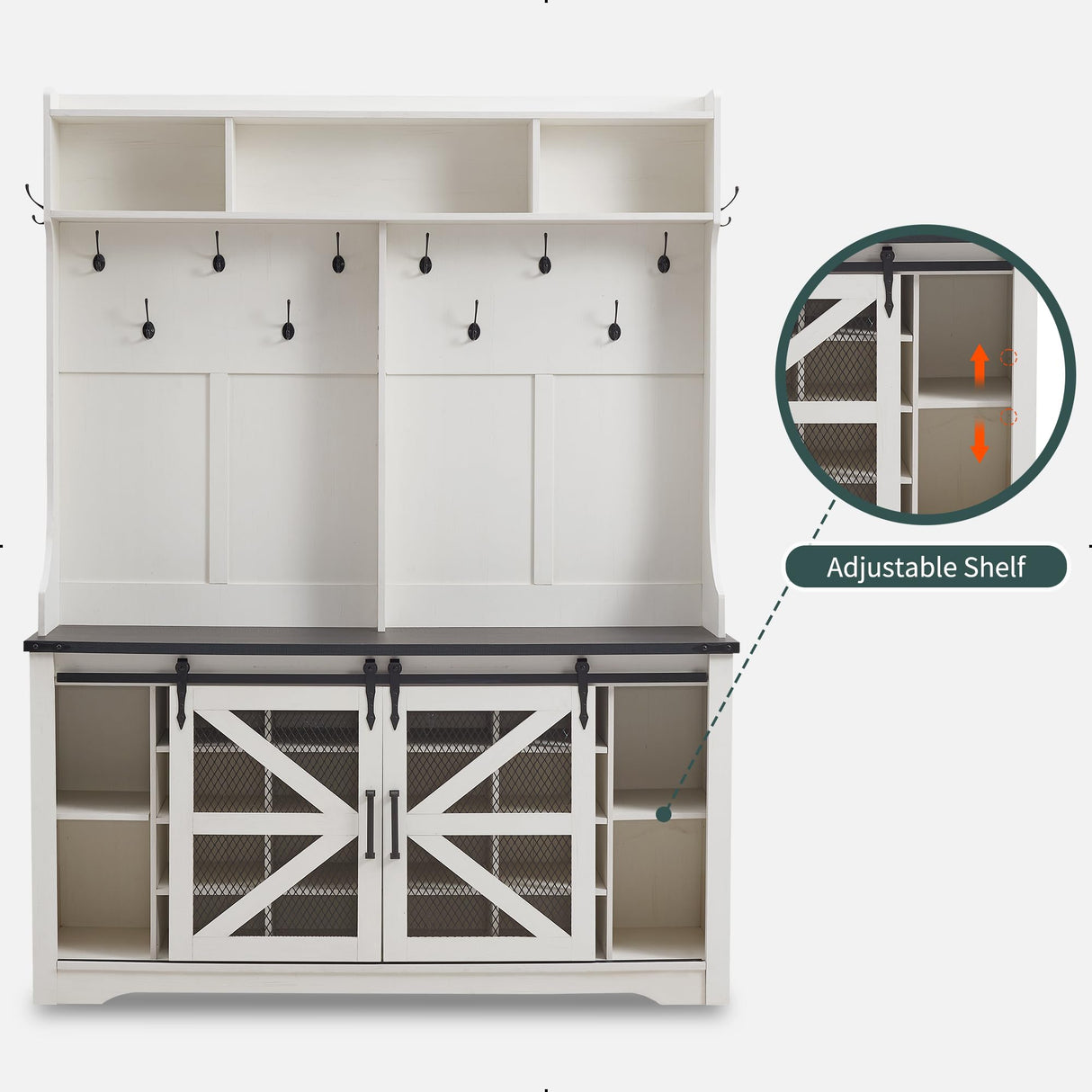 JXQTLINGMU Farmhouse Entryway Bench with Coat Rack, 20 Shoe Cubbies & 12 Coat Hooks, 59" Wide Hall Tree with Shoe Storage Bench, Sliding Barn Doors, Mudroom Storage Cabinet, Off White JXQTLINGMU