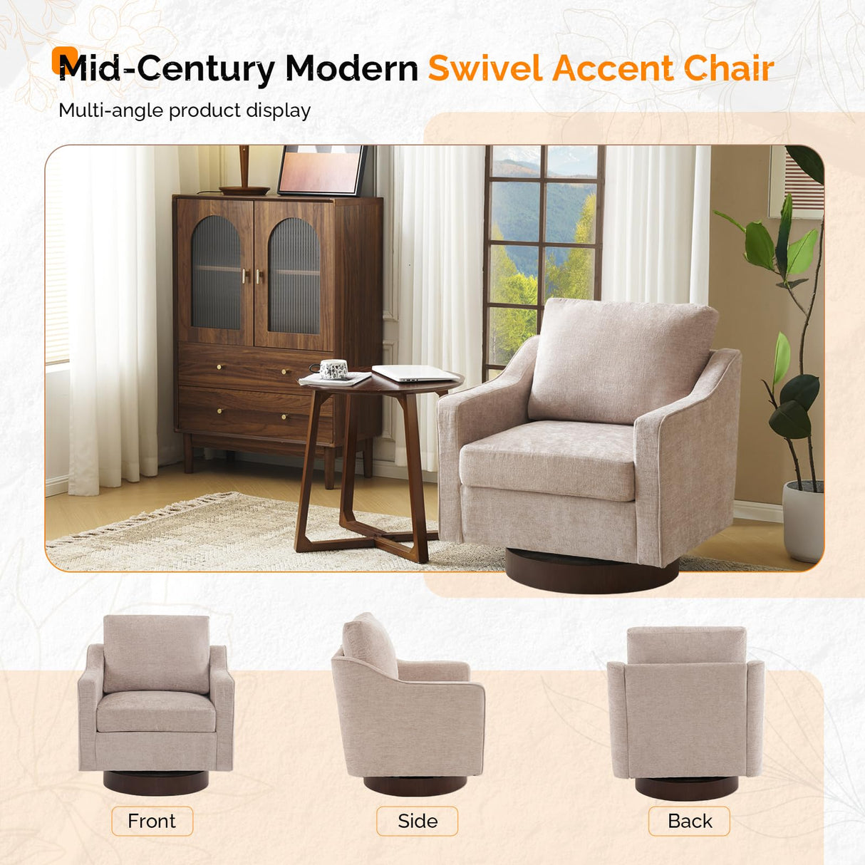 VINGLI Mid-Century Modern Swivel Accent Chairs Set of 2, 360°Upholstered Armchairs, Home Sofa with Track Arms for Living Room, Bedroom, Reading Room, Club Swivel Chairs, Chenille Khaki VINGLI