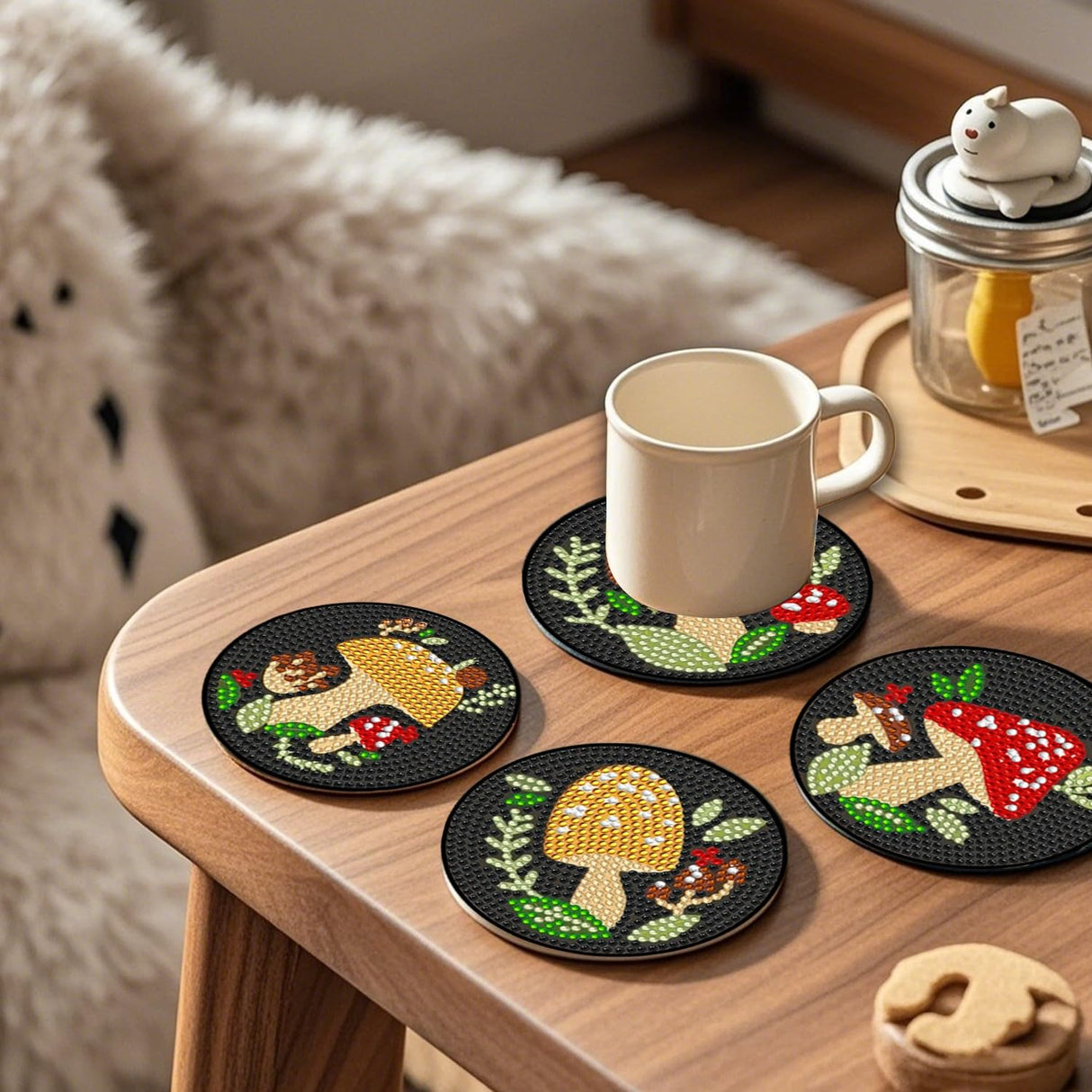 EWJRNSF 6 PCS Small Diamond Art Coasters Kits, Diamond Painting, Fall Diamond Art Kits for Adults Beginners, Arts and Crafts Item Sets with Holder for Drinks Mushroom EWJRNSF