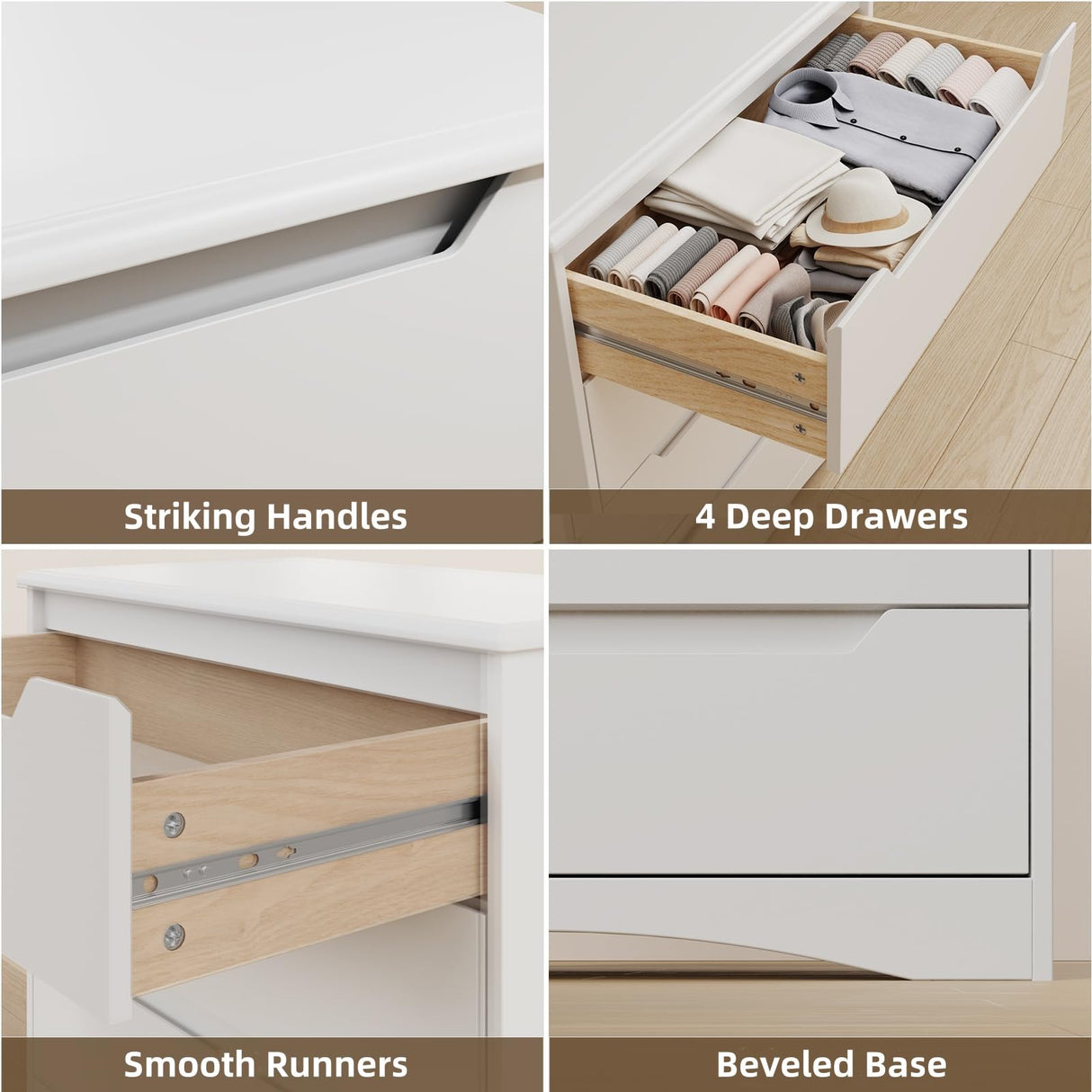 Bealife Dresser for Bedroom, 4 Drawer Dressers Chest of Drawers with Anti-Tripping Device, White Dresser for Closet with Embedded Handles, Closet Chests Organizer for Hallway, Living Room (White) Bealife