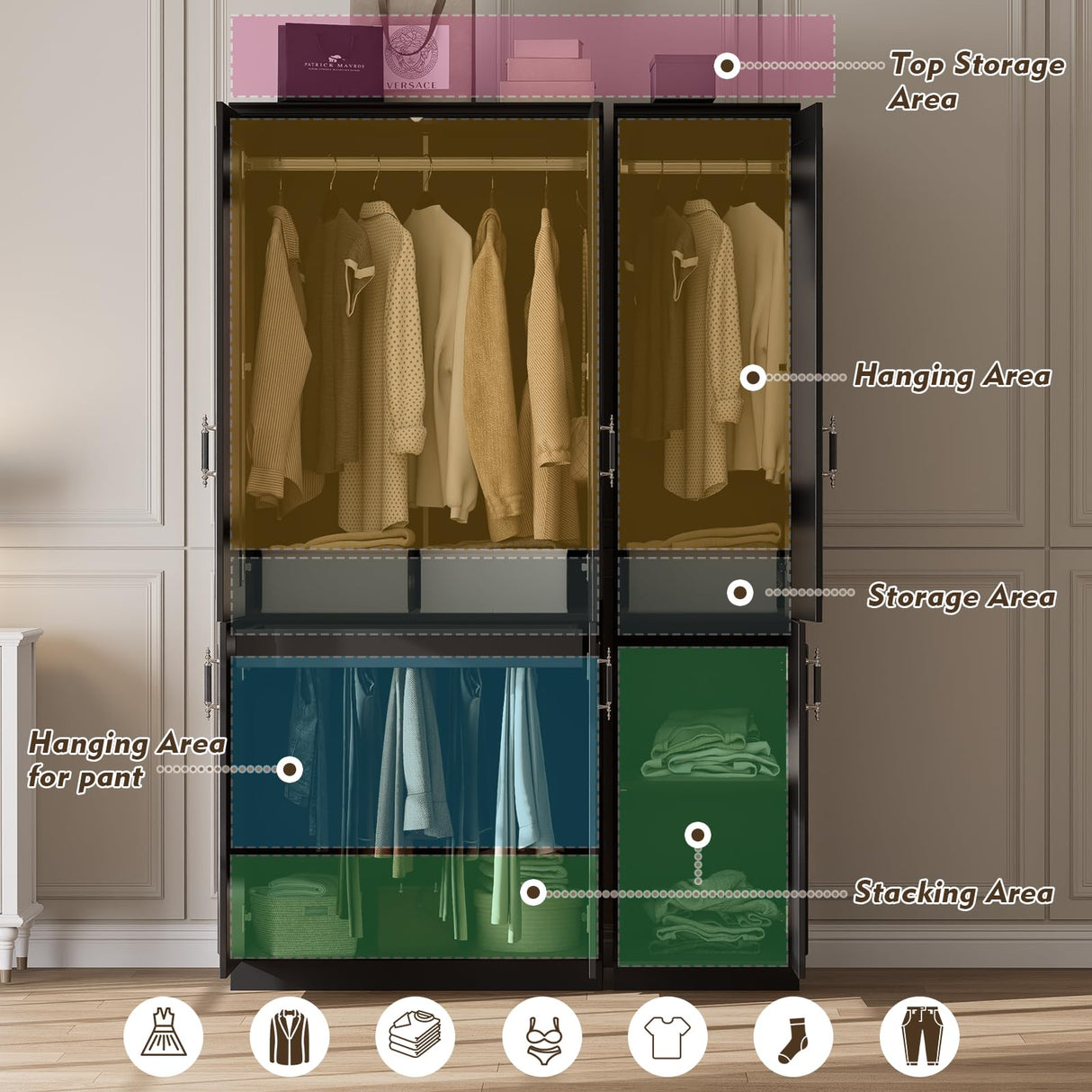 MEISSALIVVE Armoire Wardrobe Closet with 6 Door, 74.8" Large Wardrobe Cabinet with Hanging Rod, Freestanding Modern Bedroom Armoire Storage Cabinet, Black MEISSALIVVE