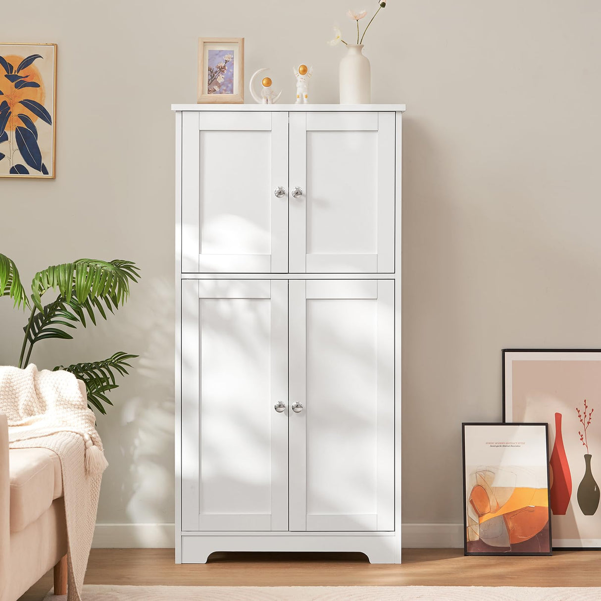 TEENFON Bathroom Floor Storage Cabinet, Freestanding Bathroom Storage Unit with 2 Adjustable Shelves & 4 Doors, 11.8 x 23.6 x 42.7 Inches, White TEENFON