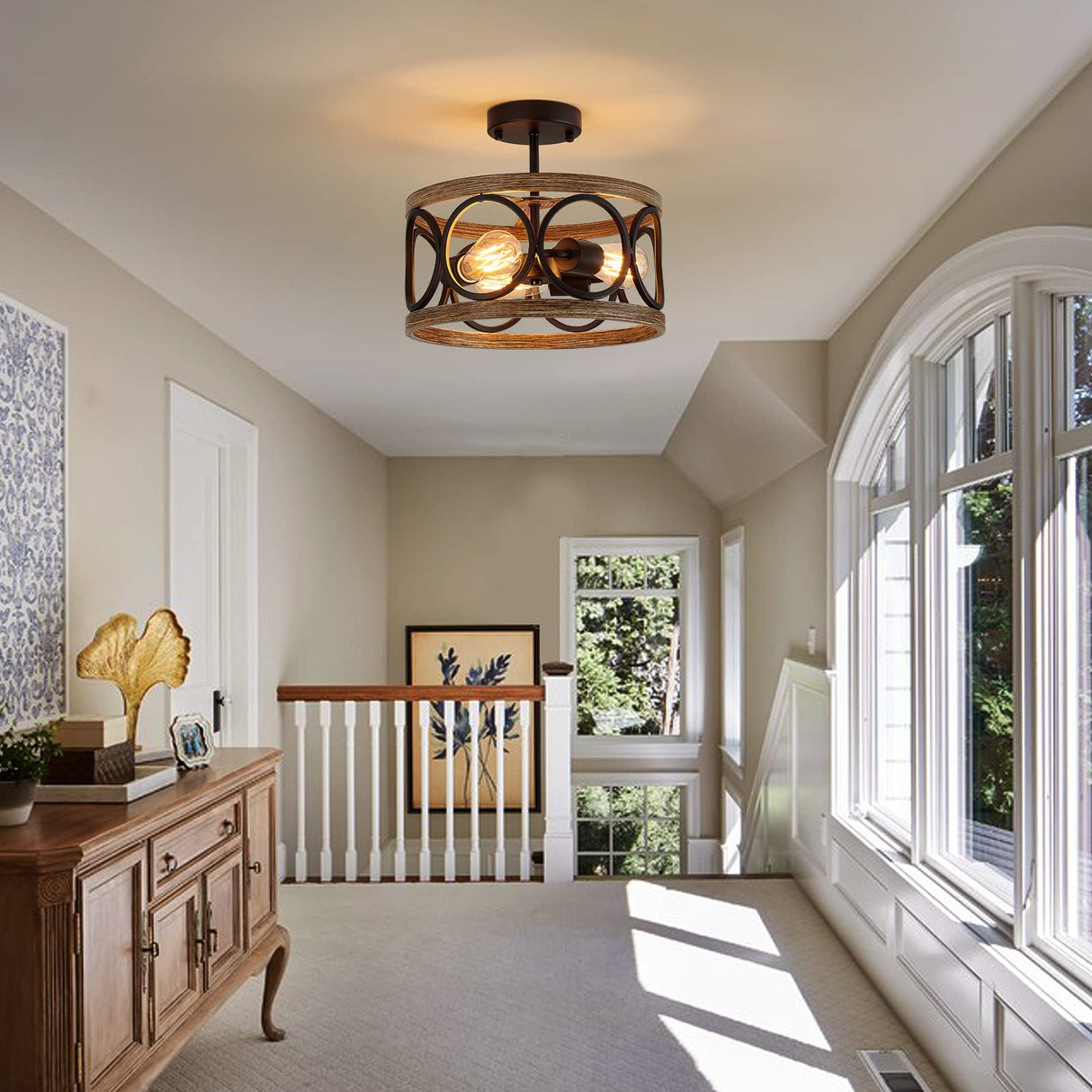 MEIXISUE Semi Flush Mount Modern Farmhouse Ceiling Light Fixtures,3-Lights Black and Retro Wood Finish,Drum Shade Rustic Light Fixtures for Entryway Hallway Foyer Kitchen Dining Room Bedroom MEIXISUE