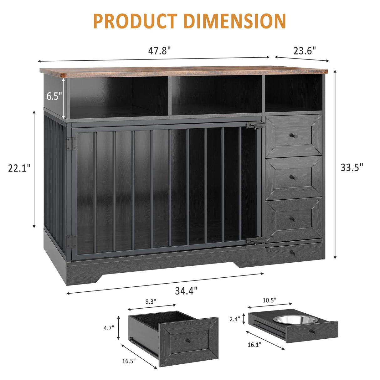 GarveeLife 48 Inch Large Dog Crate Furniture, Farmhouse Dog Kennel with Dog Bowl, 3 Drawers, 3 Open Drawers, Heavy Duty Dog Crate Table for Medium Small Dogs for Living Room, Entryway, Black GarveeLife