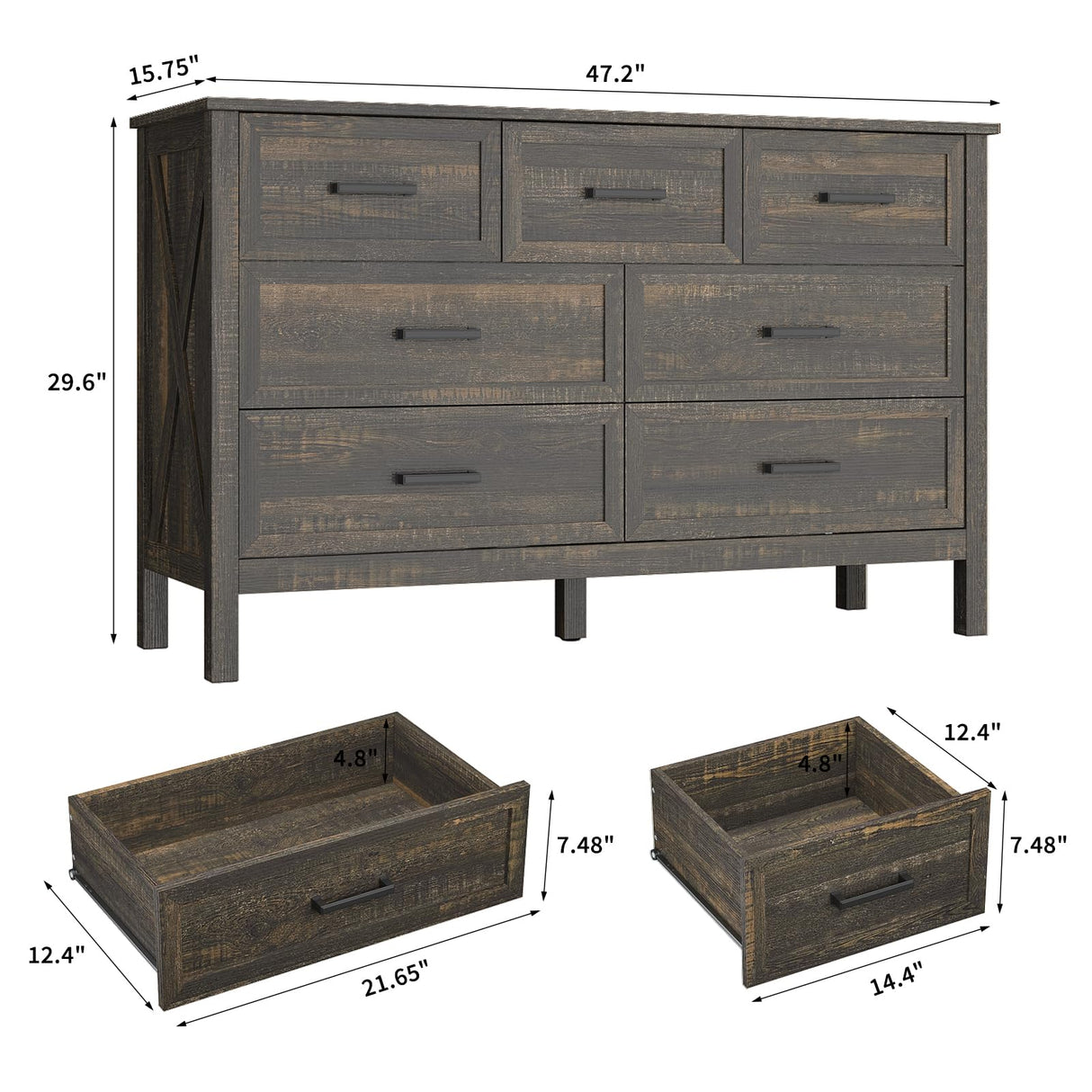 BAZELOR Farmhouse 7 Drawers Dresser for Bedroom, Wood Rustic Wide Chest with Natural Texture, Farmhouse Chest of Drawers for Bedroom, Hallway, Entryway, Dark Brown BAZELOR
