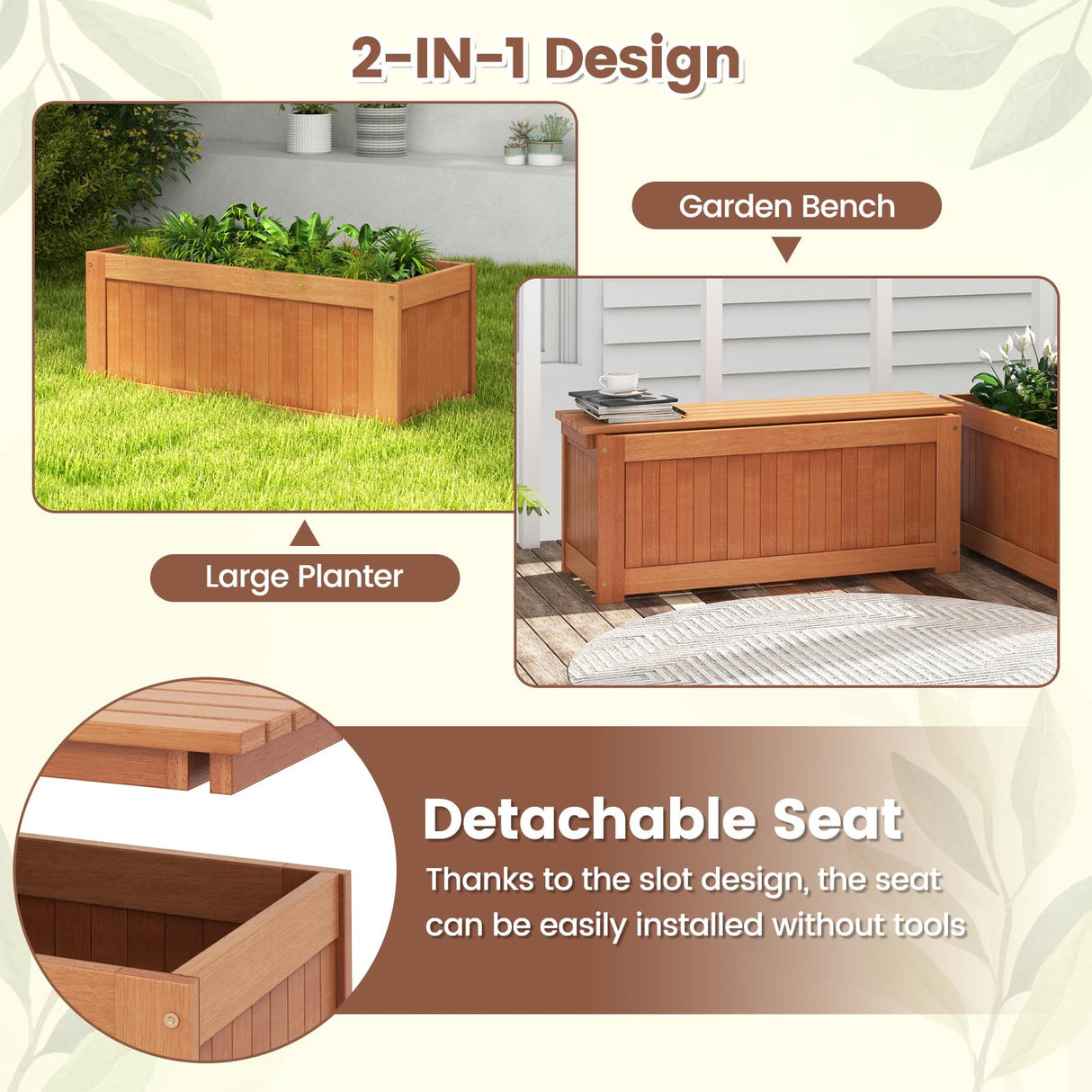 Giantex 2-in-1 Outdoor Bench, Wood Raised Garden Bed with Open Base, Teak Oil Finish, Rectangular Deep Planter Boxes for Flowers Fruit Vegetable, Bench Seat for Porch Yard Balcony Lawn Giantex