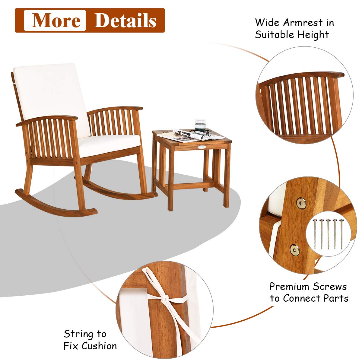 Tangkula Acacia Wood Patio Bistro Set, Outdoor Rocking Chair with Table, Porch Rocker with Thick Cushion of Detachable Cover, Porch Rocking Chair Table Set for Outdoor Indoor Patio Backyard, Teak Tangkula
