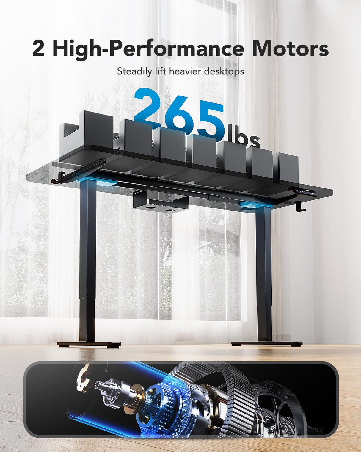 HUANUO 265 lbs Dual Motor Electric Standing Desk Frame, Thick T-Shaped Desk Legs Made of Automotive-Grade Steel, for Max 90″ x 31.5″ Desktop, Height Adjustable Desk Frame for Home Office, Frame Only HUANUO