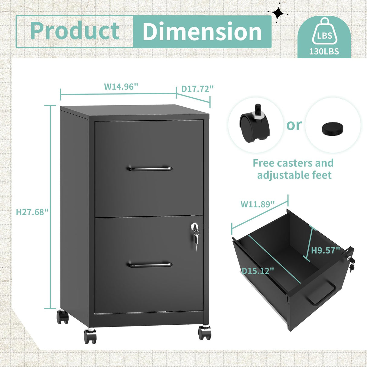 AQY 2 Drawer Mobile File Cabinet with Lock, Rolling Metal Filing Cabinet for Home Office, Vertical File Cabinet on Wheels, Small Black File Storage Cabinets for Legal/Letter/A4 Files Assembly Require AQY