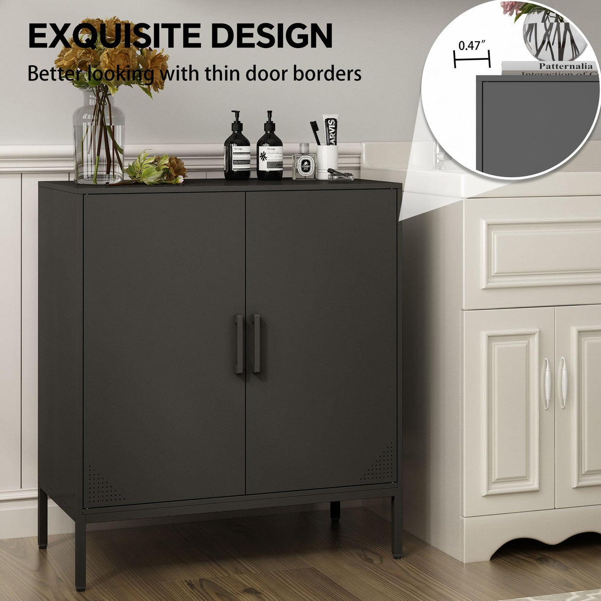 Steehoom Metal Storage Cabinet with Adjustable Shelves, Steel Buffet Sideboard for Entryway, Living Room, Dining Room, Kitchen, Office, Bar (Black) Steehoom