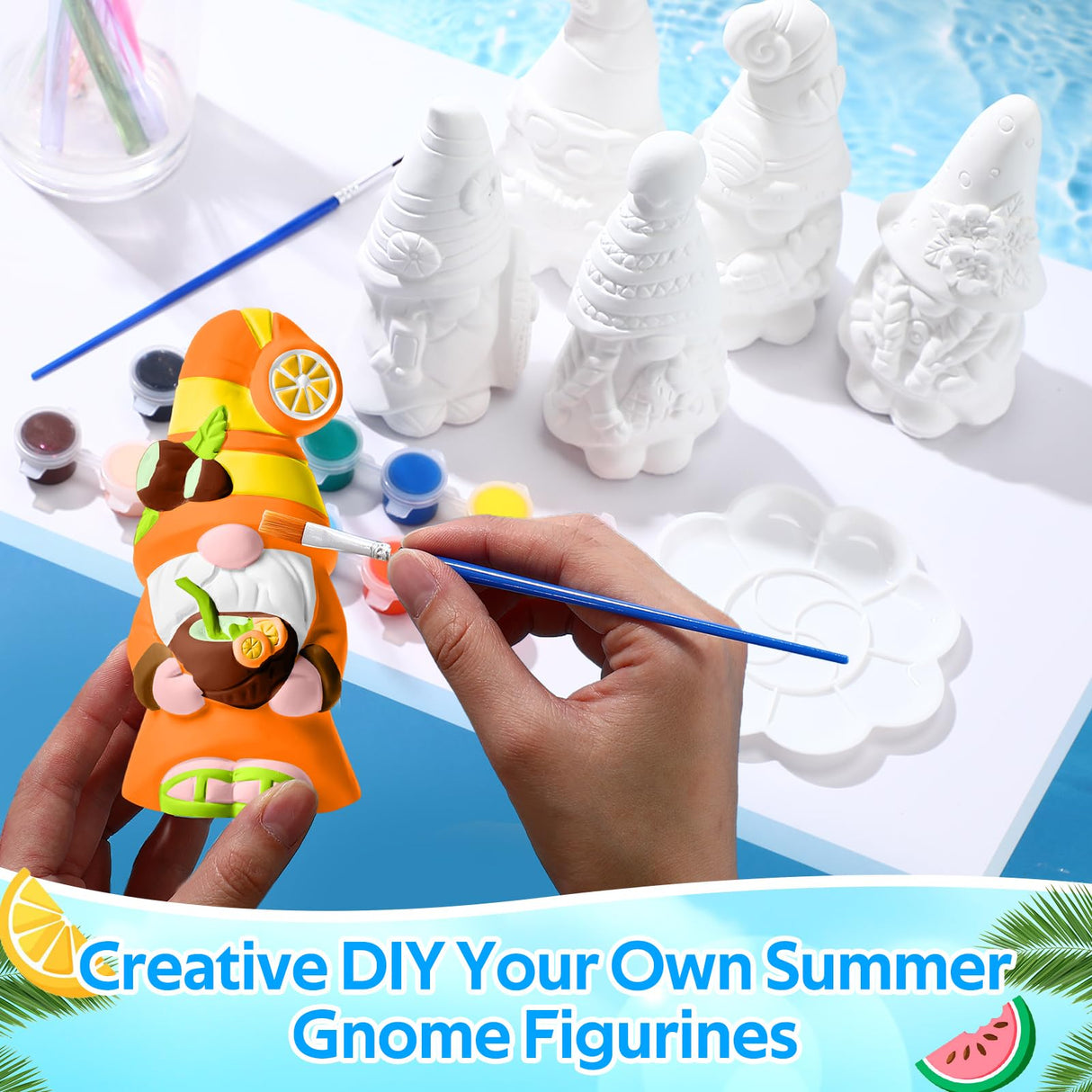Arrowbash 6 Pcs Summer Ceramics to Paint Ready to Paint Your Own Gnome Statues 5.12 Beach Theme Paintable Figurines DIY Unpainted Ceramics Plaster Crafts Kit with Brush Palette Paint Arrowbash