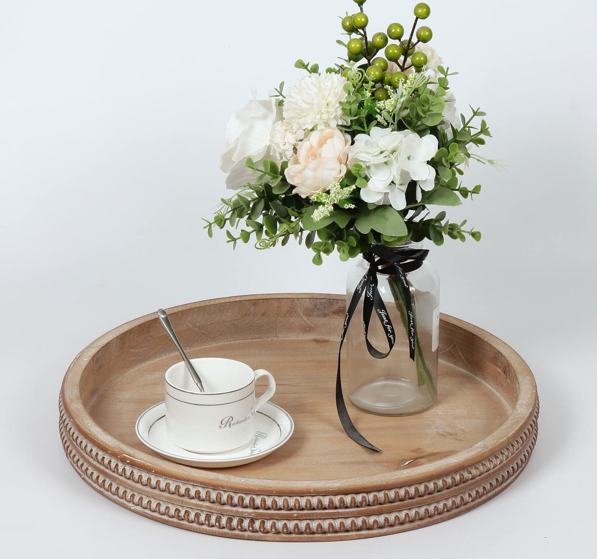 Carah & Cossh Round Wooden Serving Tray, Whitewashed Round Decorative Wood Tray, Round Farmhouse Rustic Decorative Tray, Perfect for Storage and Display (Brown) Carah & Cossh