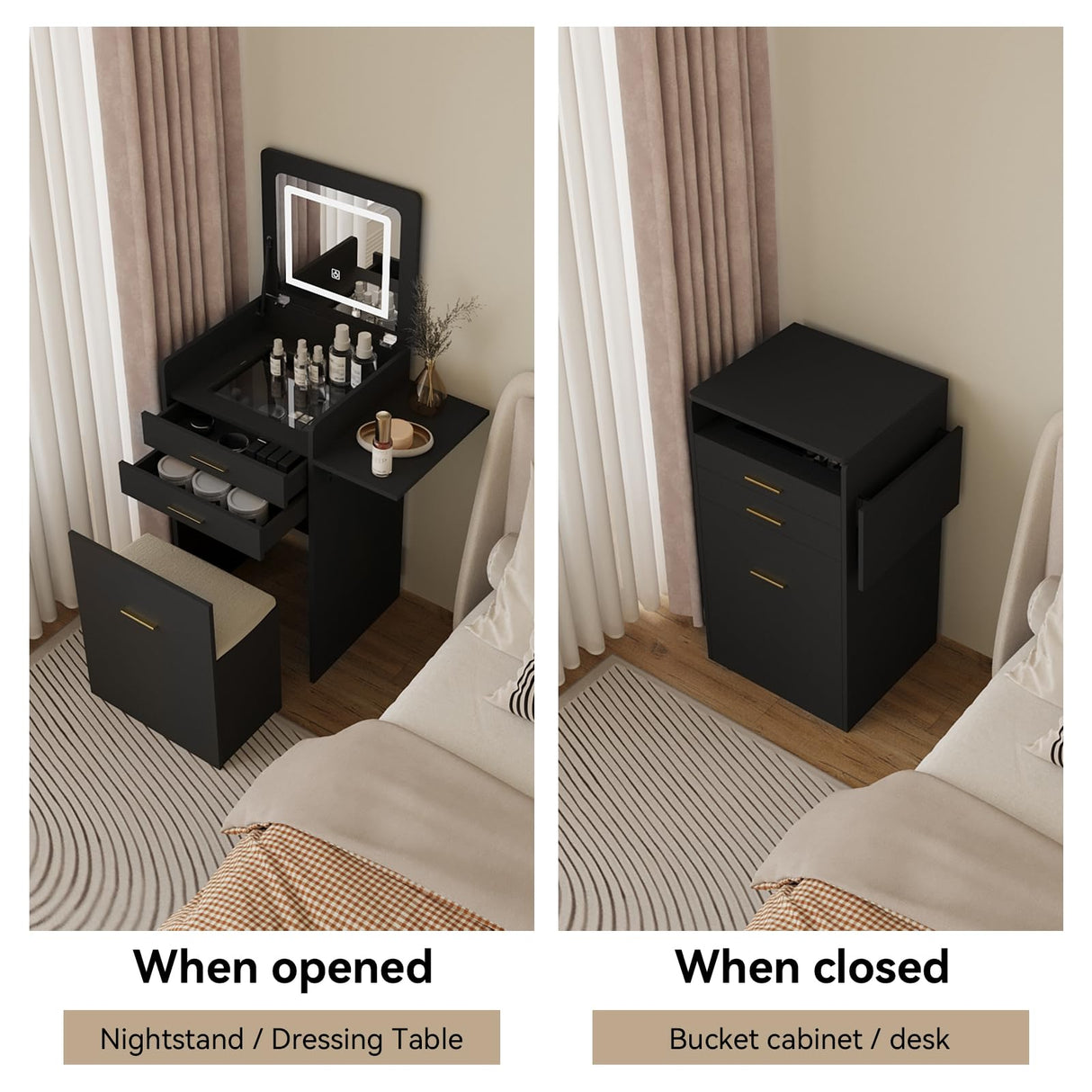 ARTETHYS Small Vanity Desk Set with Flip-top Mirror and Lights Black Integrated 3 in 1 Makeup Table for Small Space Compact Mini Dressing Table with Fold-up Panel and Storage Chair for Bedroom ARTETHYS