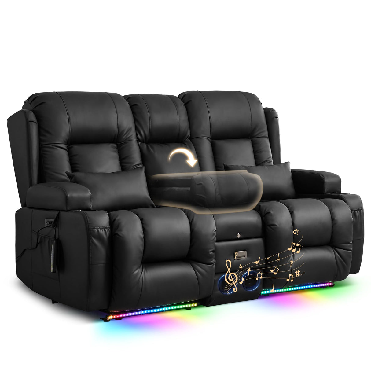 TUNYI Power Loveseat Recliner Sofa, Faux Leather Reclining Sofa with Console RV Reclining Loveseat Couch with USB/Outlet/Storage/Side Pocket/LED Light/Speaker (Black, Loveseat) TUNYI