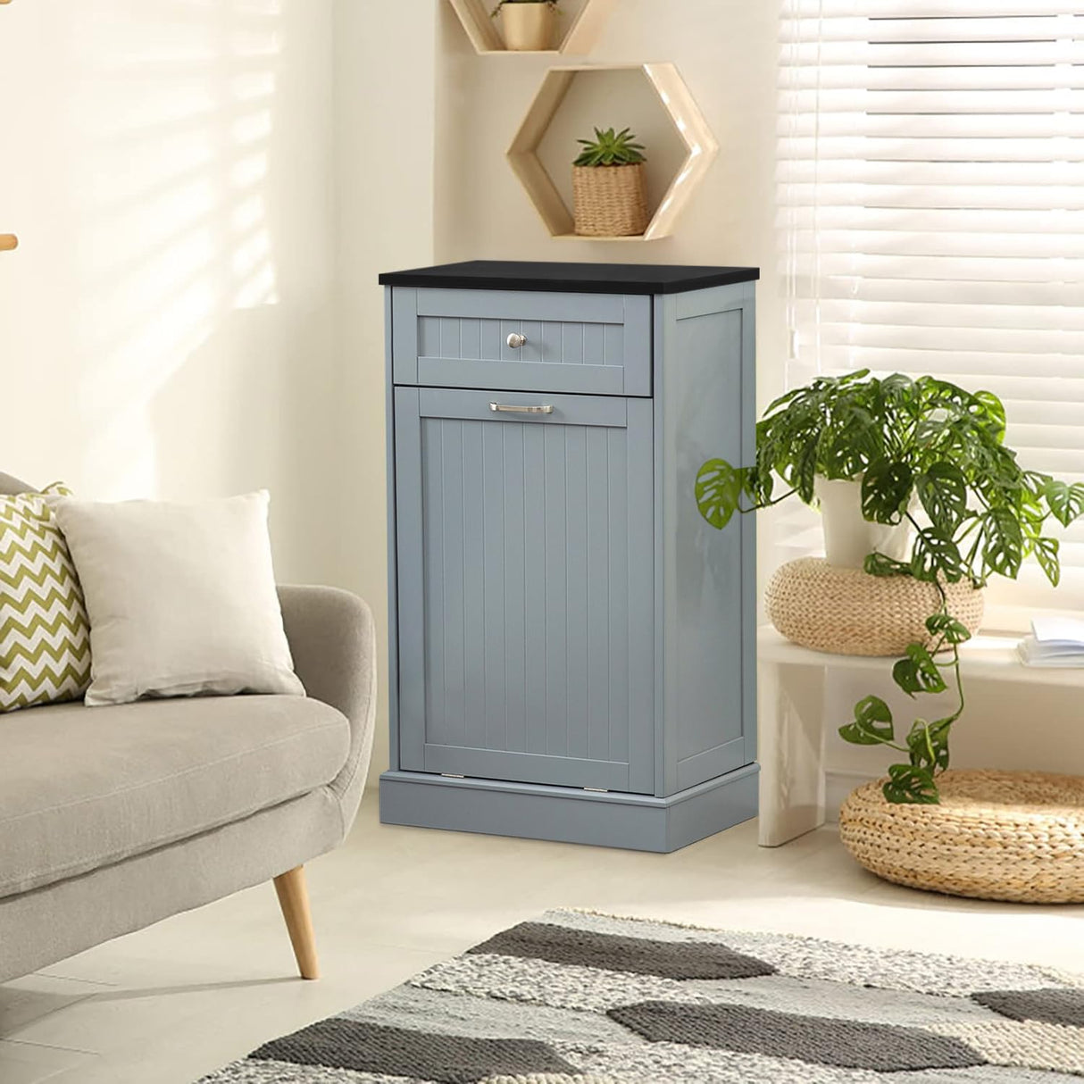 GAZHOME Tilt Out Trash Cabinet, Upgrade Wooden Free Standing Trash Cabinet,Recycling Cabinet with Hideaway Drawer,10 Gallon Tilt Out Trash Cabinet Kitchen(Grey) GAZHOME