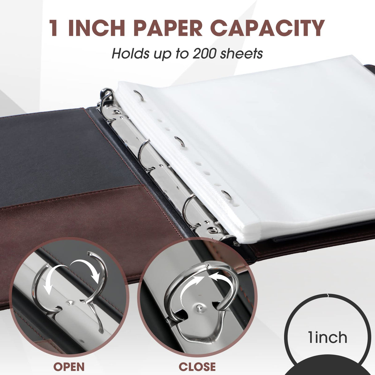 Marspark 2 Pcs Vintage Hardback 3 Ring Binder Professional Leather Binder Organizer Round Rings Brown Black 3 Ring Binder Holds 200 Sheets with 2 Inner Pockets(1 Inch,Brown, Black) Marspark