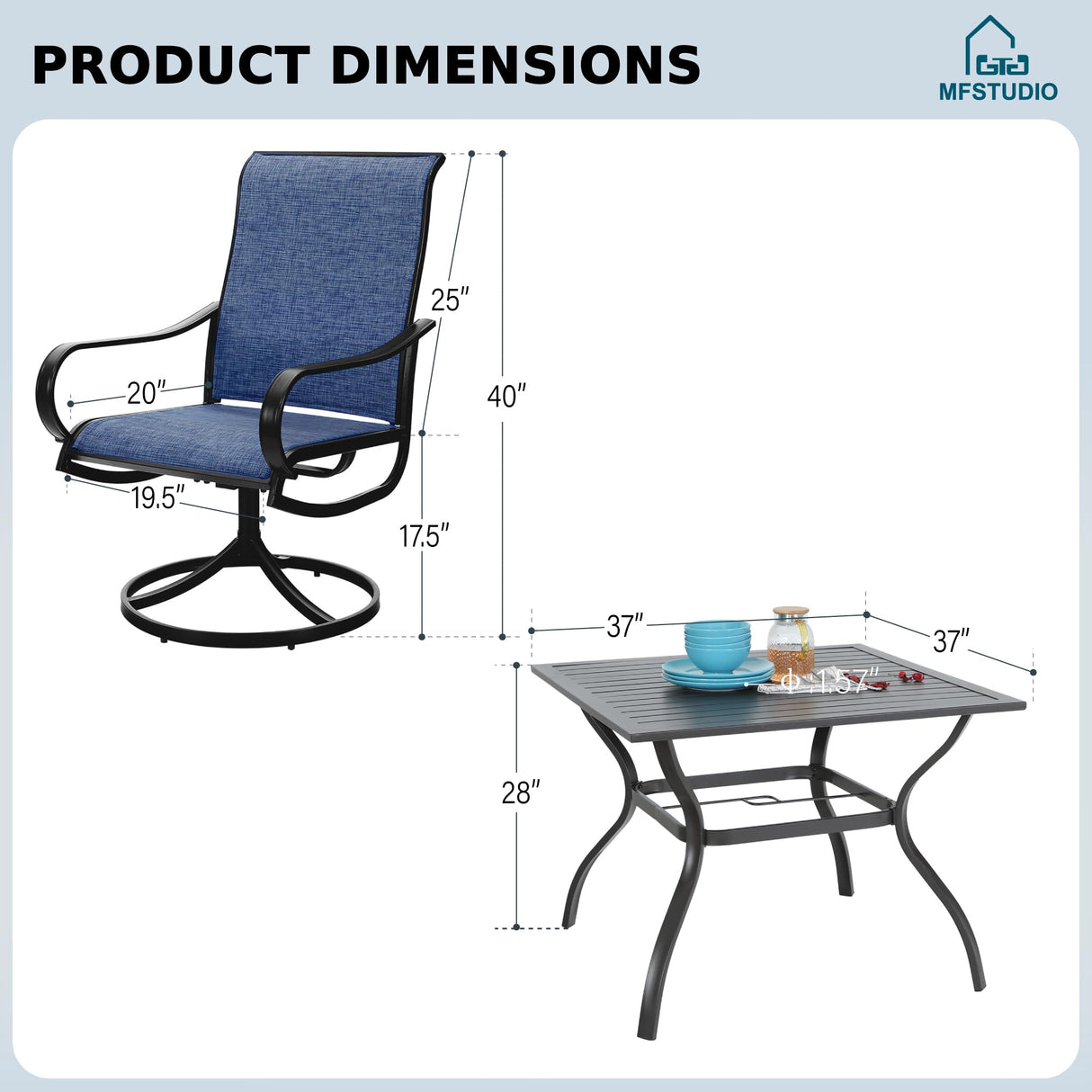 MFSTUDIO Patio Table and Chairs Set of 4, Outdoor Dining Set with Metal Table and Swivel Chairs, 5 Piece Patio Furniture Set for Deck/Backyard/Poolside/Garden MFSTUDIO