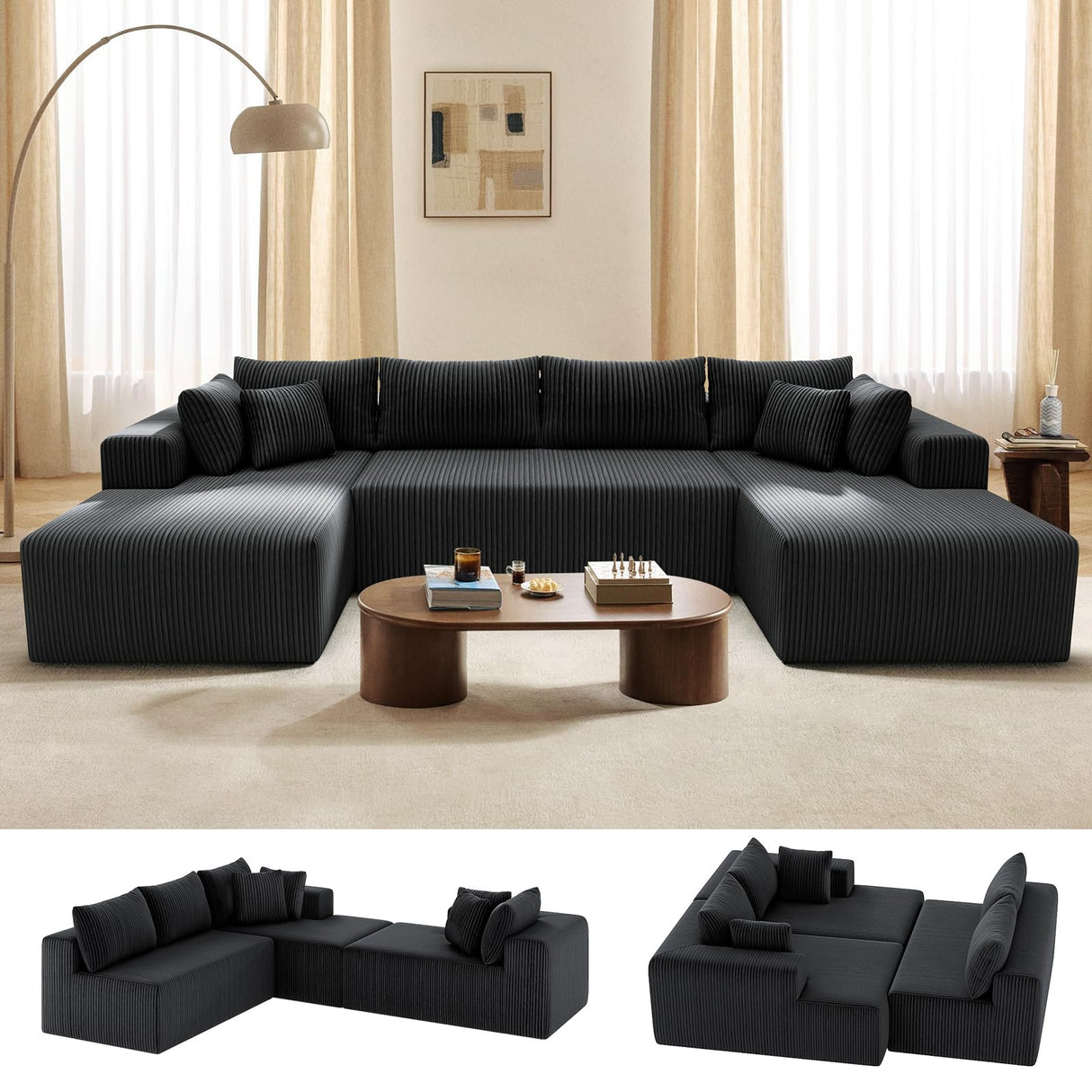 Mvpipi Cloud Couch U-Shaped Sectional Sofa, 134'' Modular Boneless Couches for Living Room, Corduroy Deep Seat Sofa with 2 Chaise Lounges and 1 Loveseat, 30D High-Resilience Foam, No Assembly, Black Mvpipi