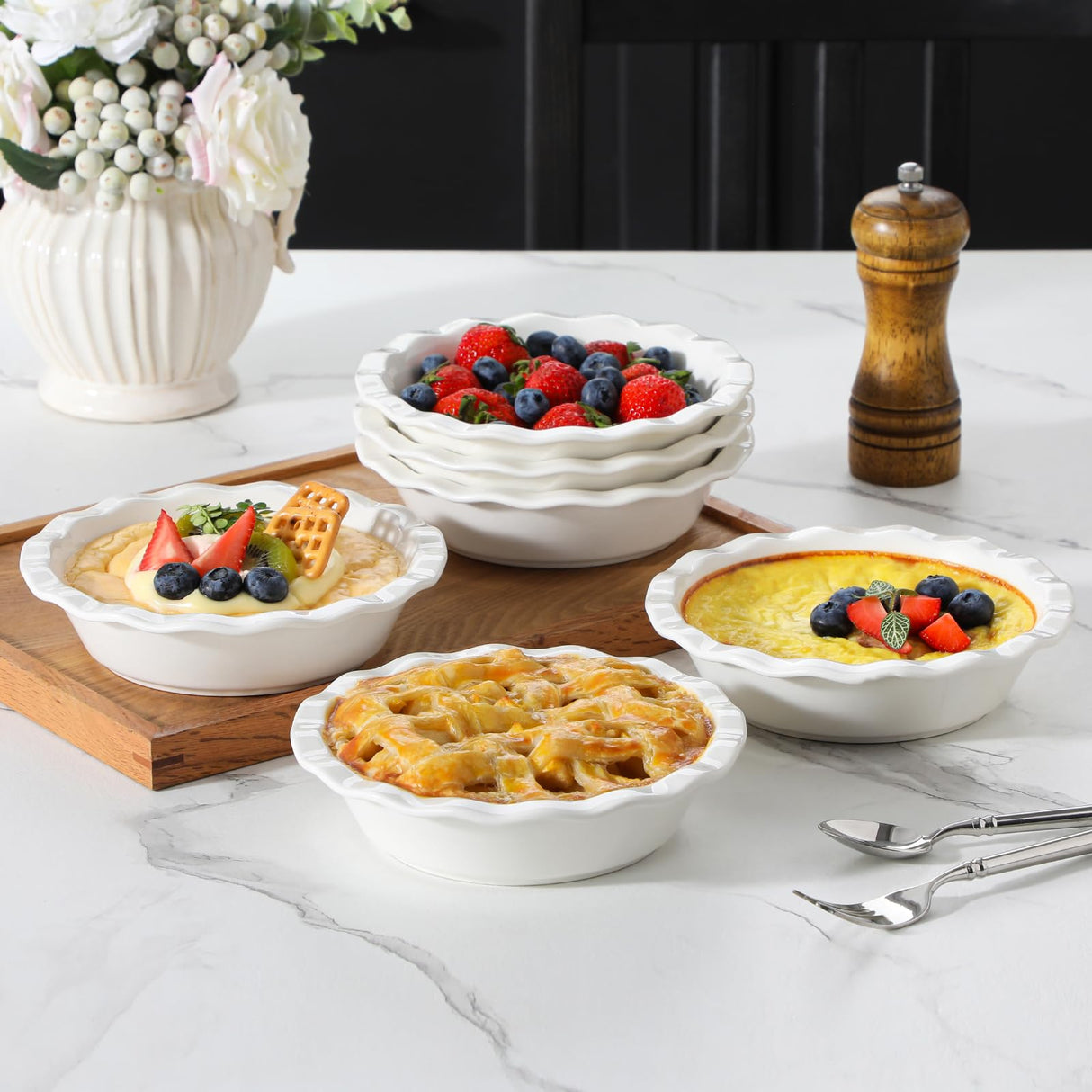 MALACASA Pie Pan, 12 OZ Mini White Pie Dish Set of 6, Ceramic Pie Dish for Baking, Small Quiche Baking Dish for Oven, Round Pie Plates Tart Pans, Fluted Dish Pie Pan for Quiches, Series BAKE MALACASA