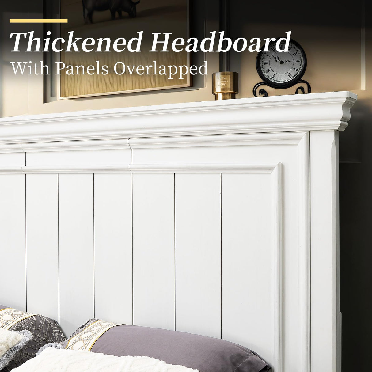 YUMPIE Farmhouse King Size Wood Bed Frame with Headboard and Footboard, No Box Spring Needed, Rustic Platform Bed with 12 Wood Slats Support, Distressed White YUMPIE