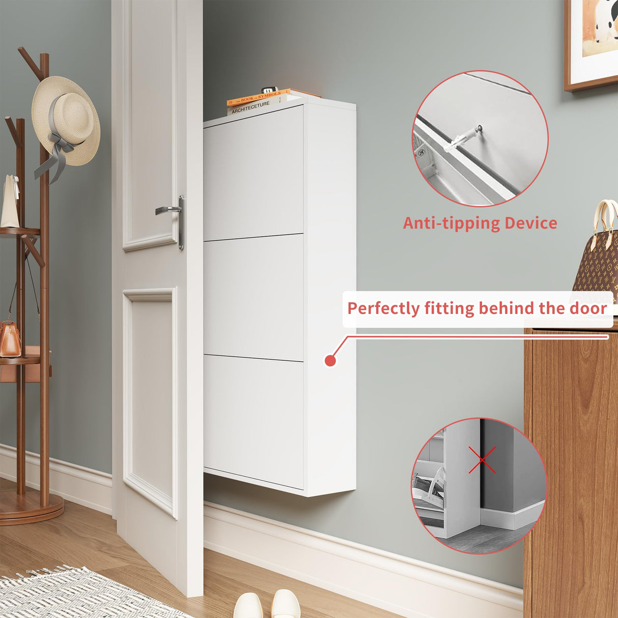 OPTYMIRA Metal Shoe Storage Cabinet with 3 Flip Drawers,White Wall Mount Slim Shoe Organizer for Entryway, Narrow Hidden Shoe Storage Rack for Hallway,Living Room, 40.98”*20”*6.69” OPTYMIRA