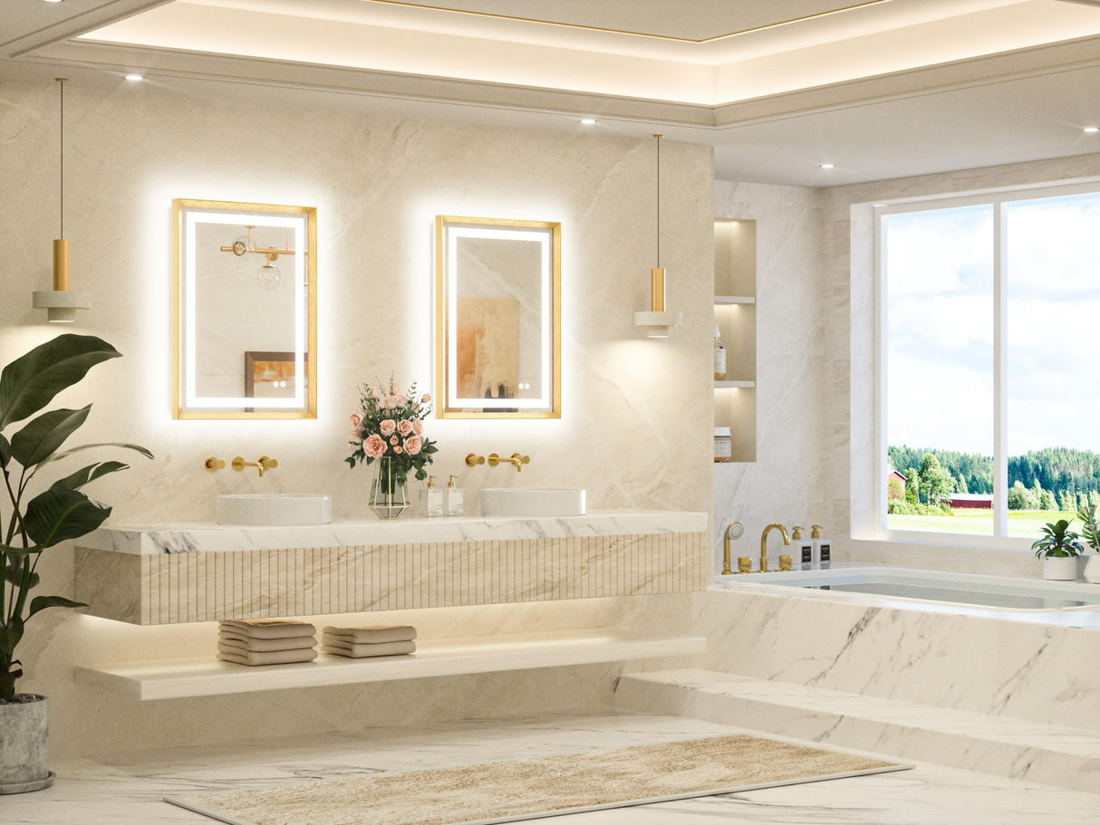 TETOTE 22 x 30 Bathroom LED Mirror Brushed Gold Metal Frame Frontlit & Backlit Vanity Mirror Anti-Fog Stepless Dimmable 3 Colors White/Warm/Natural Mirror with Lights Wall-Mounted TETOTE