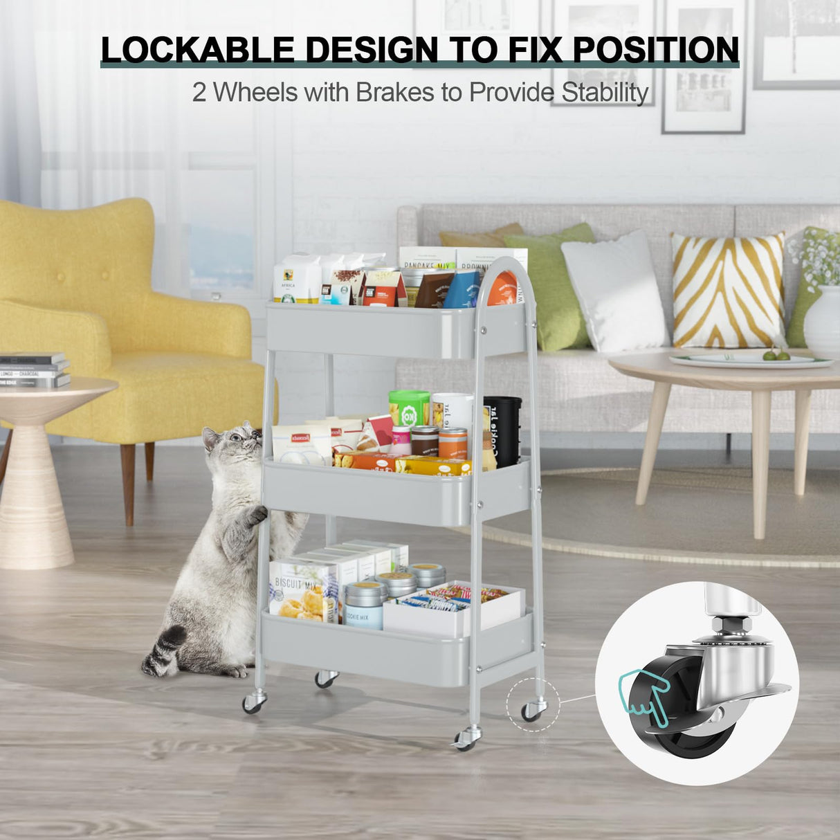 EAGMAK 3 Tier Utility Rolling Cart, Metal Storage Cart with Handle and Lockable Wheels, Multifunctional Storage Organizer Trolley with Mesh Baskets for Kitchen, Living Room, Office, Garage (Grey) EAGMAK