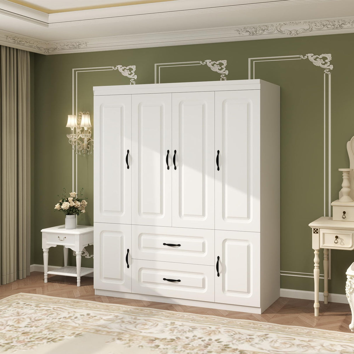 Keloyid Armoire Wardrobe Closet: White Wood Large Bedroom Armoires Wood Wardrobe Cabinet with 4 Door 2 Drawers Tall Closet with Shelves and 2 Hanging Rail Room Keloyid