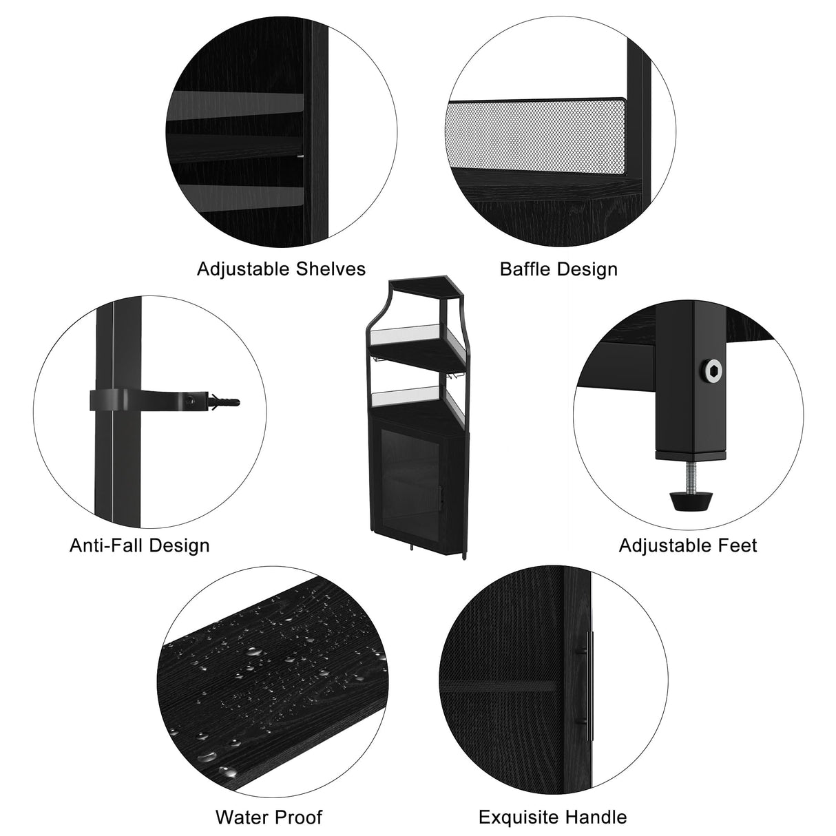 coucheta Corner Bar Cabinet, Wine Bar Cabinet with Glass Holder and Large Storage Space, Corner Liquor Cabinet with Mesh Door and Adjustable Shelf, Black coucheta