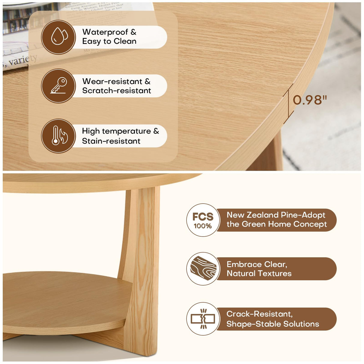 BECHAEO 31.5'' Round Coffee Table with Solid Wood Pine Legs, 2-Tier Retro Round Coffee Table with Storage Shelf, Small Modern Wood Circle Coffee Table Boho Round Center Table for Living Room (Natural)