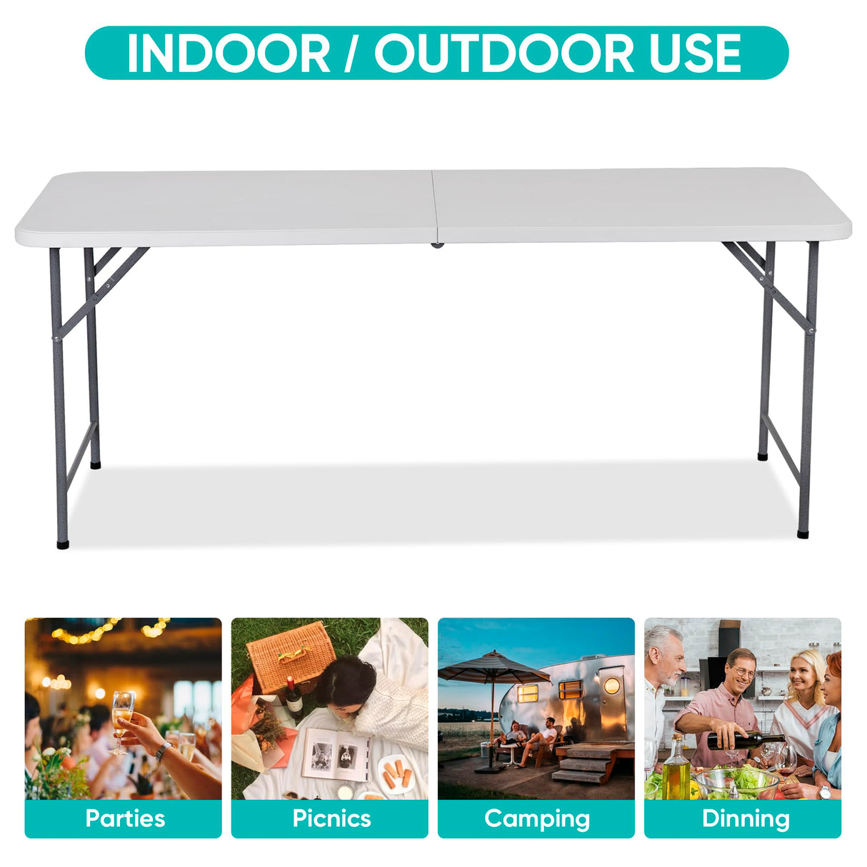 ZenStyle 6 ft Adjustable Folding Table, Indoor Outdoor Portable Plastic Dining Card Table Utility Table for Camping Dining Event Party (71"x27", Rectangular) ZenStyle