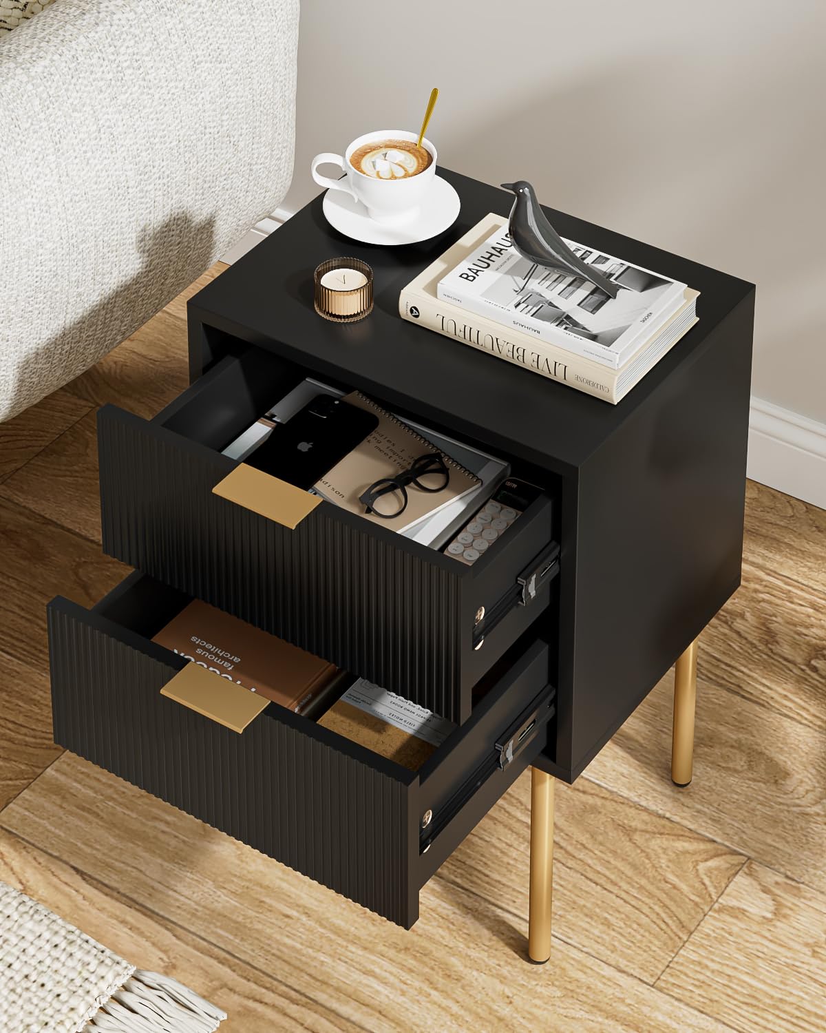 Aienvey Nightstand, Modern Night Stand with Drawers, Bedside Table, Gold Small Side Table for Bedroom, Living Room End Table (2 Drawers, Black Stripe) Aienvey