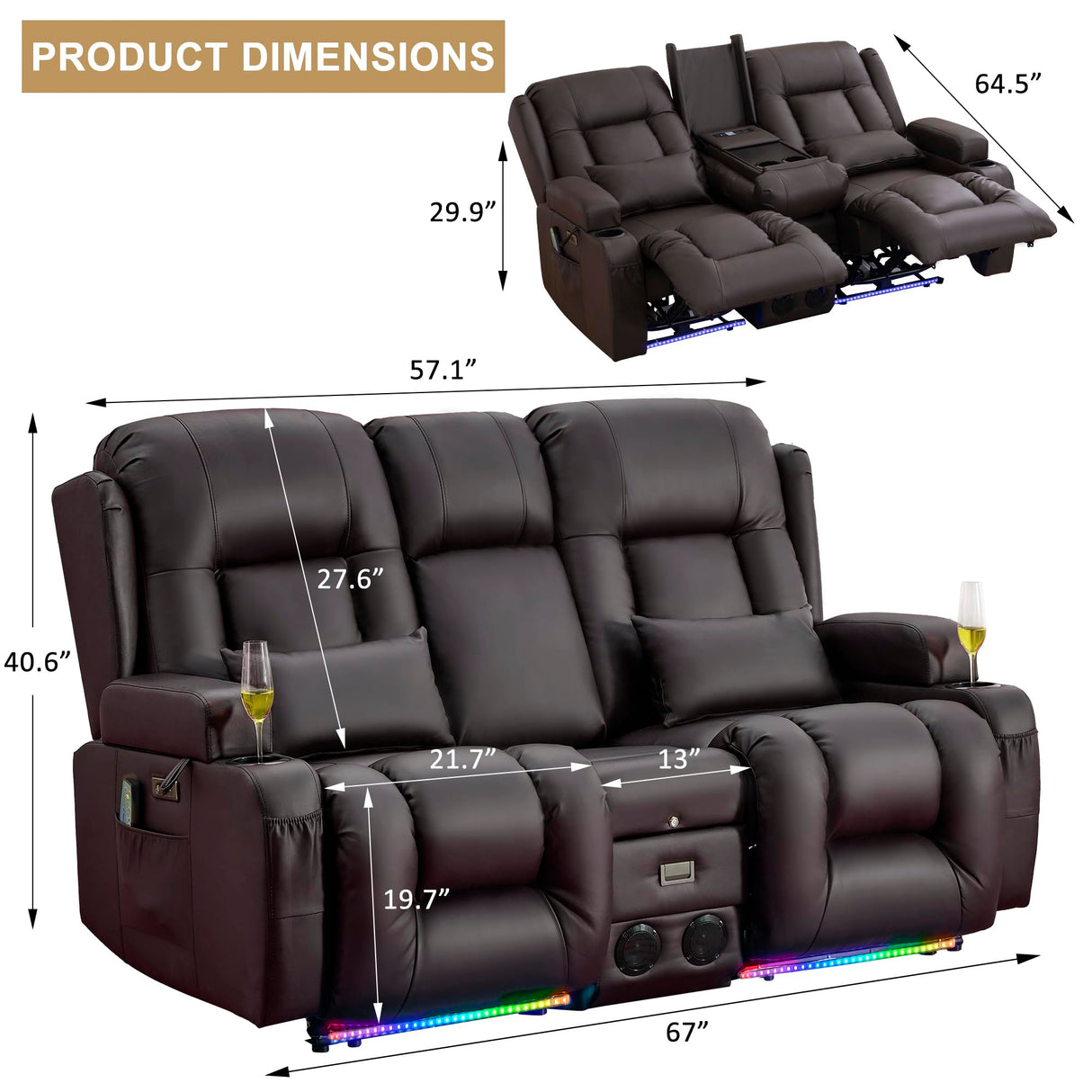 URRED Power Reclining Loveseat Sofa with Console, RV Couch Loveseat Recliner Sofa with Massage & Heat, LED Light, Cupholders, Bluetooth Speakers, USB Charge Ports, Outlets, Faux Leather, Dark Brown URRED