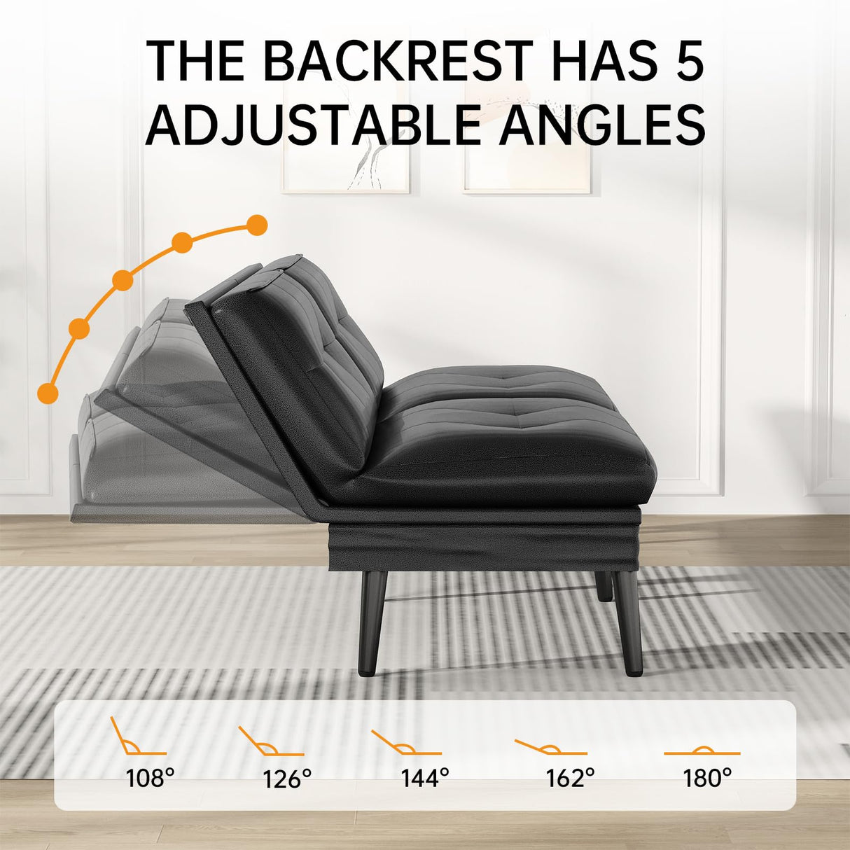 AWQM Convertible Futon Sofa Bed, 70" Futon Sofa Bed, Adjustable Futon Couch, Faux Leather Futon Sofa Couch, Comfy Futon Couch Bed with 2 Square Pillows, for Living Room, Apartment, Office (Black) AWQM