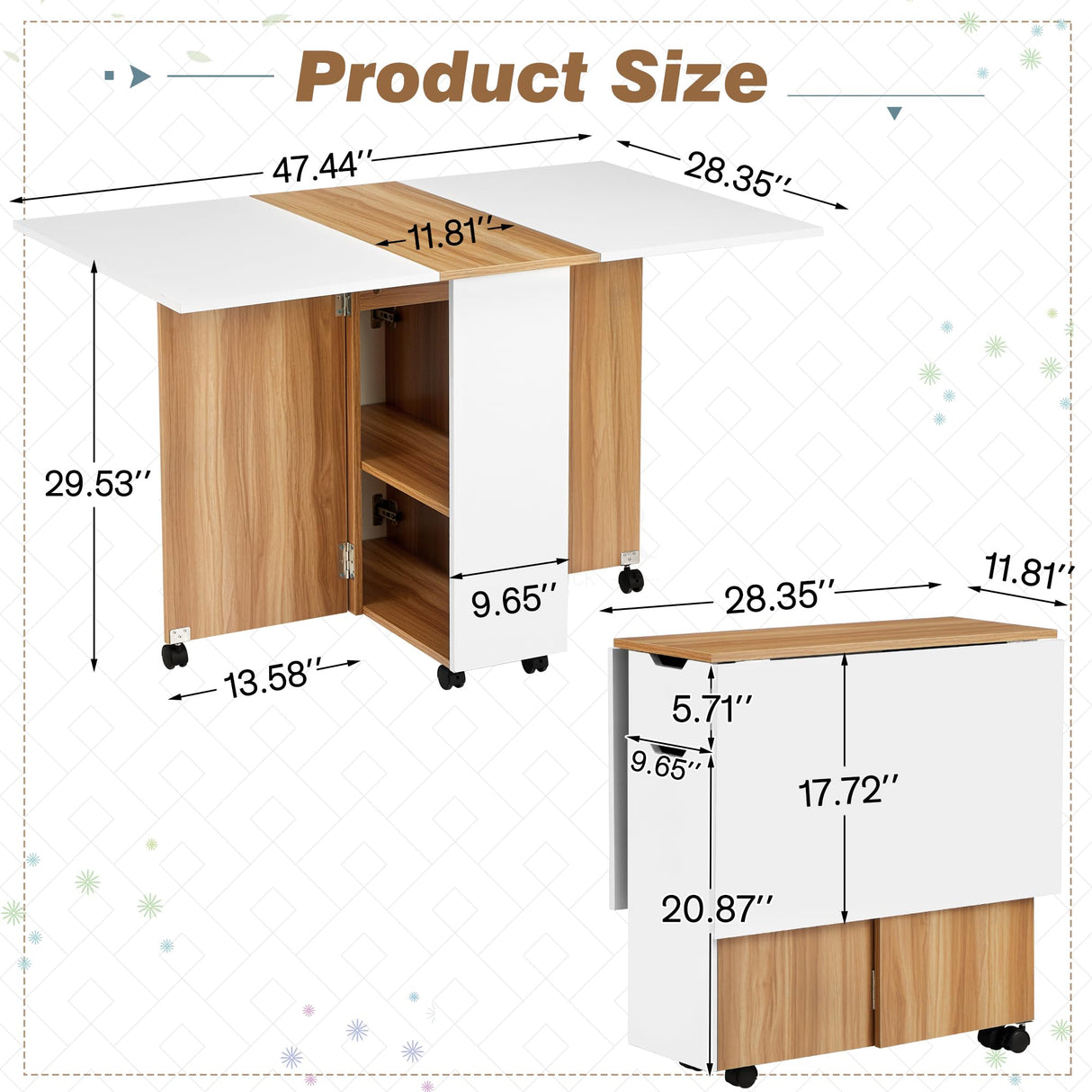 UPHYB Folding Dining Table, Drop Leaf Dining Table with Lockable Wheels, Space Saving Extendable Dinner Table with Storage, Kitchen Table for Small Spaces (White and Wood Grain) UPHYB
