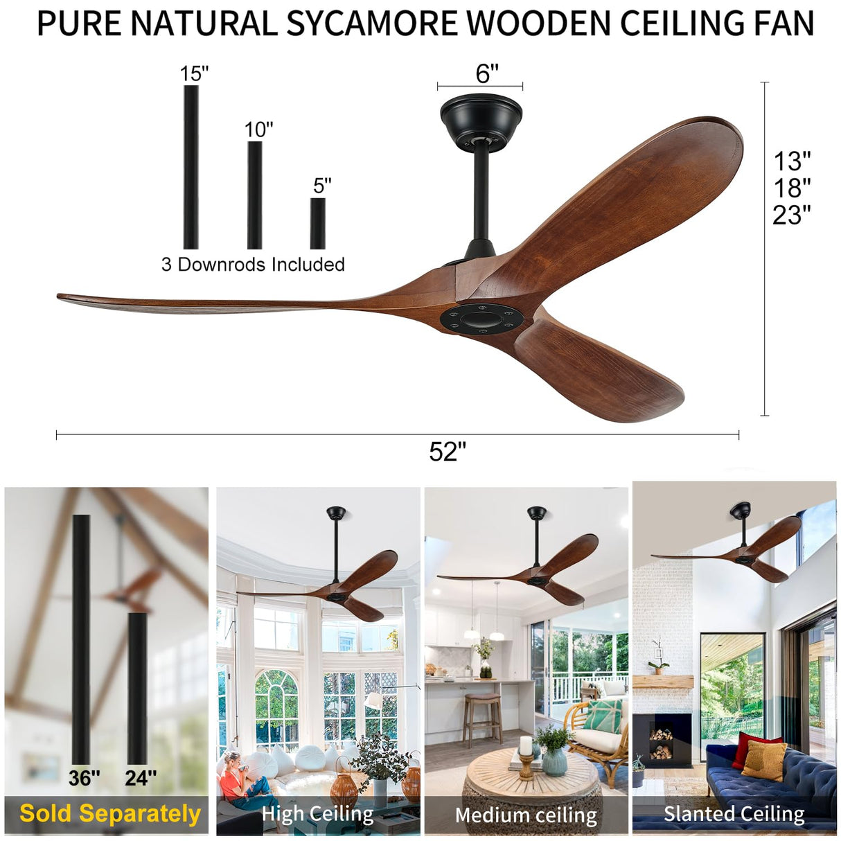 BOOSANT 52" Ceiling Fans Without Lights, Solid Wood Ceiling Fan with Remote Control and DC Motor, Ceiling Fan no Light with 3 Blades, Indoor Outdoor Ceiling Fans for Patios, Bedroom- Dark Walnut BOOSANT
