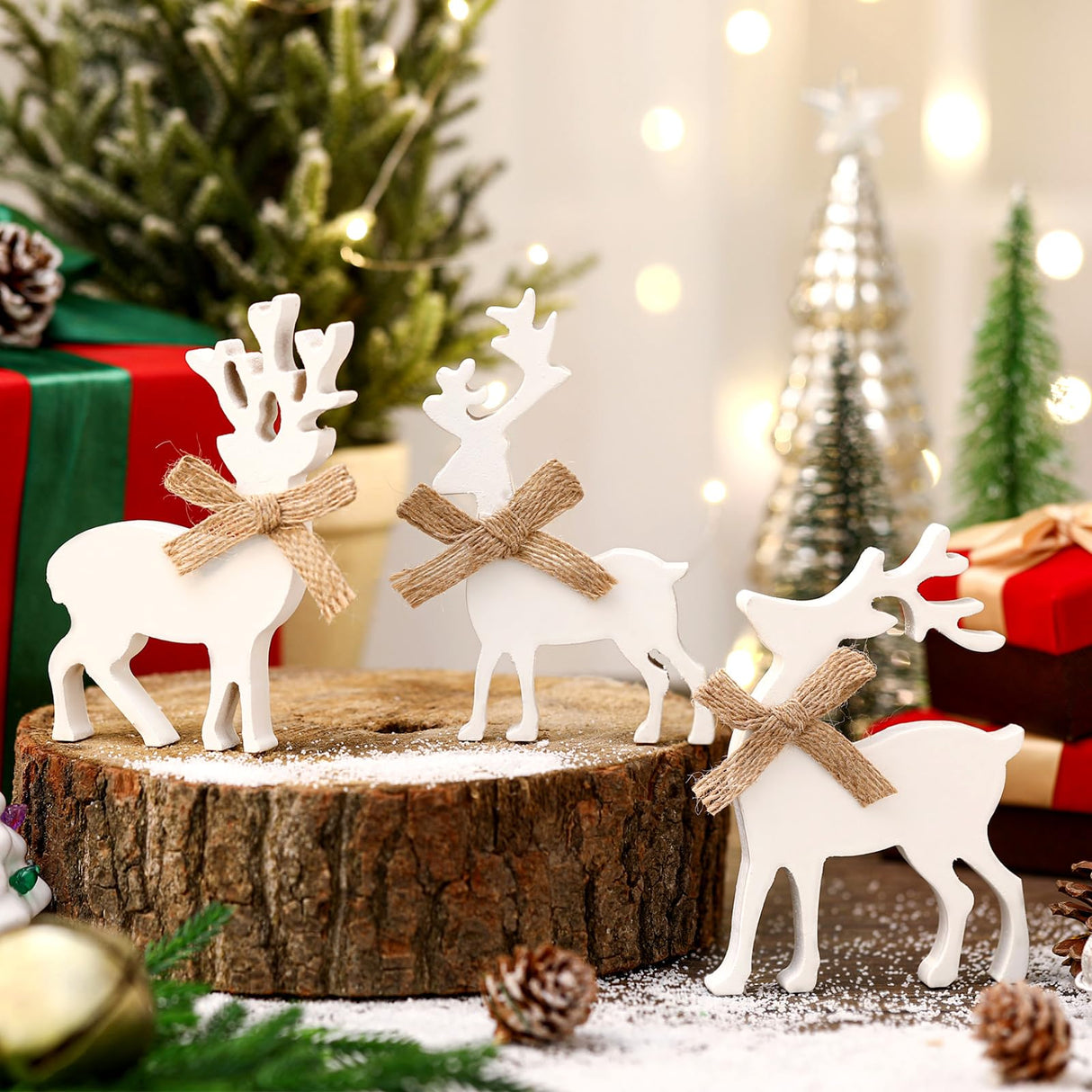 Redbaker 3 Pcs Reindeer Wooden Table Decor Christmas Tiered Tray Decor Farmhouse Tabletop Block Sign Rustic Wood Centerpieces Decorations for Xmas Home Office Table Shelf Decor Redbaker