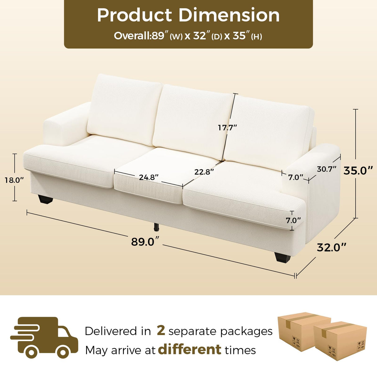 KKL 89 Inches Loveseat Sofa, Comfy Cloud Couch with Deep Seats, 3 Seater Couches for Living Room, Chenille Fabric, Wood Frame, Easy Assembly, Beige KKL