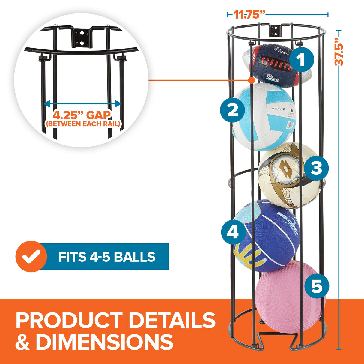 Vertical Ball Storage Rack, Wall-Mounted Garage Sports Equipment Organizer, Soccer Ball, Volley Ball, Football, and Basketball Holder, Space-Saving Vertical Ball Rack for Garage, Gym, or Playroom Modern Innovations