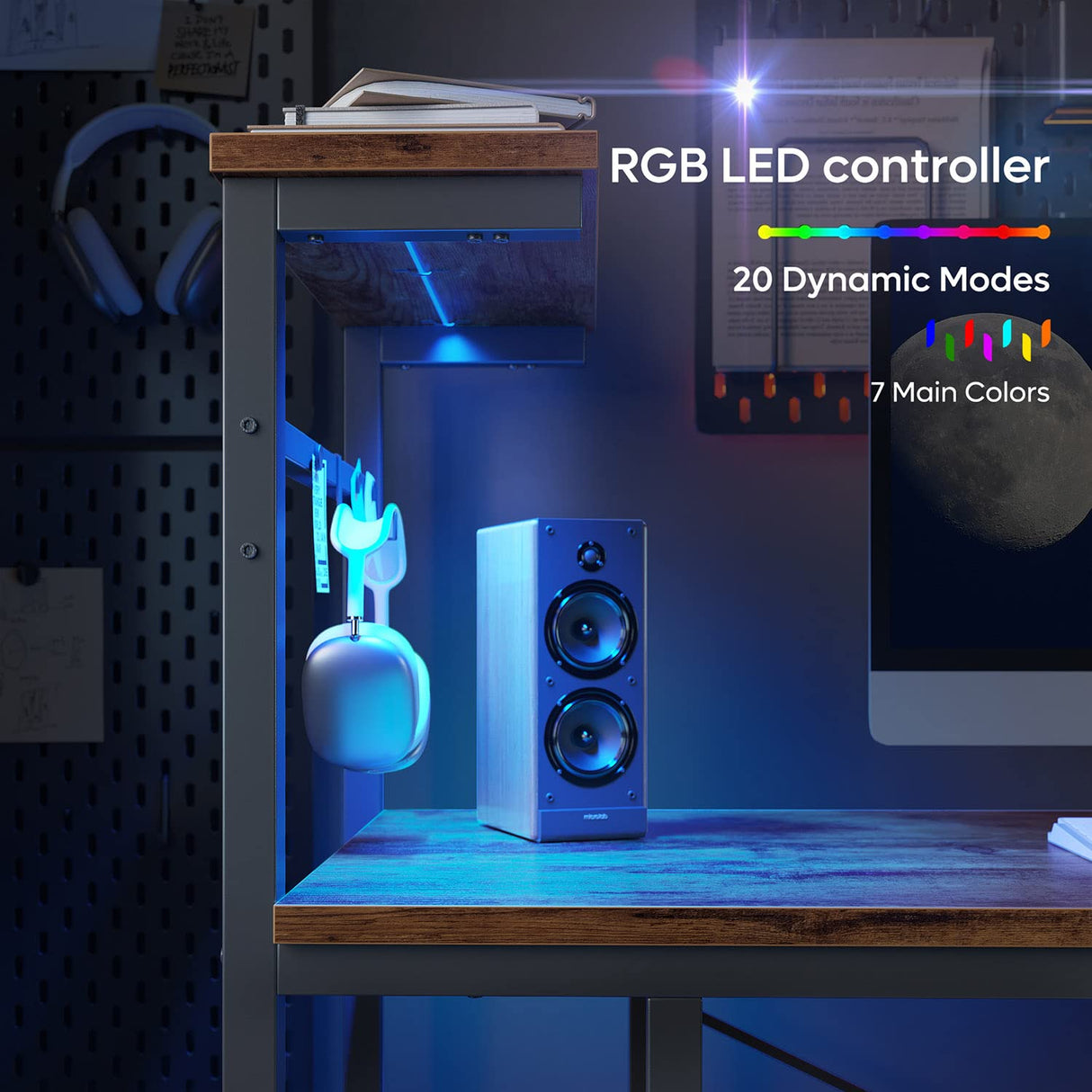 Bestier Computer Desk with LED Lights, Gaming Desk with 4 Tier Shelves, 44 Inch Office Desk with Storage Bag & Printer Shelf (Rustic Brown) Bestier