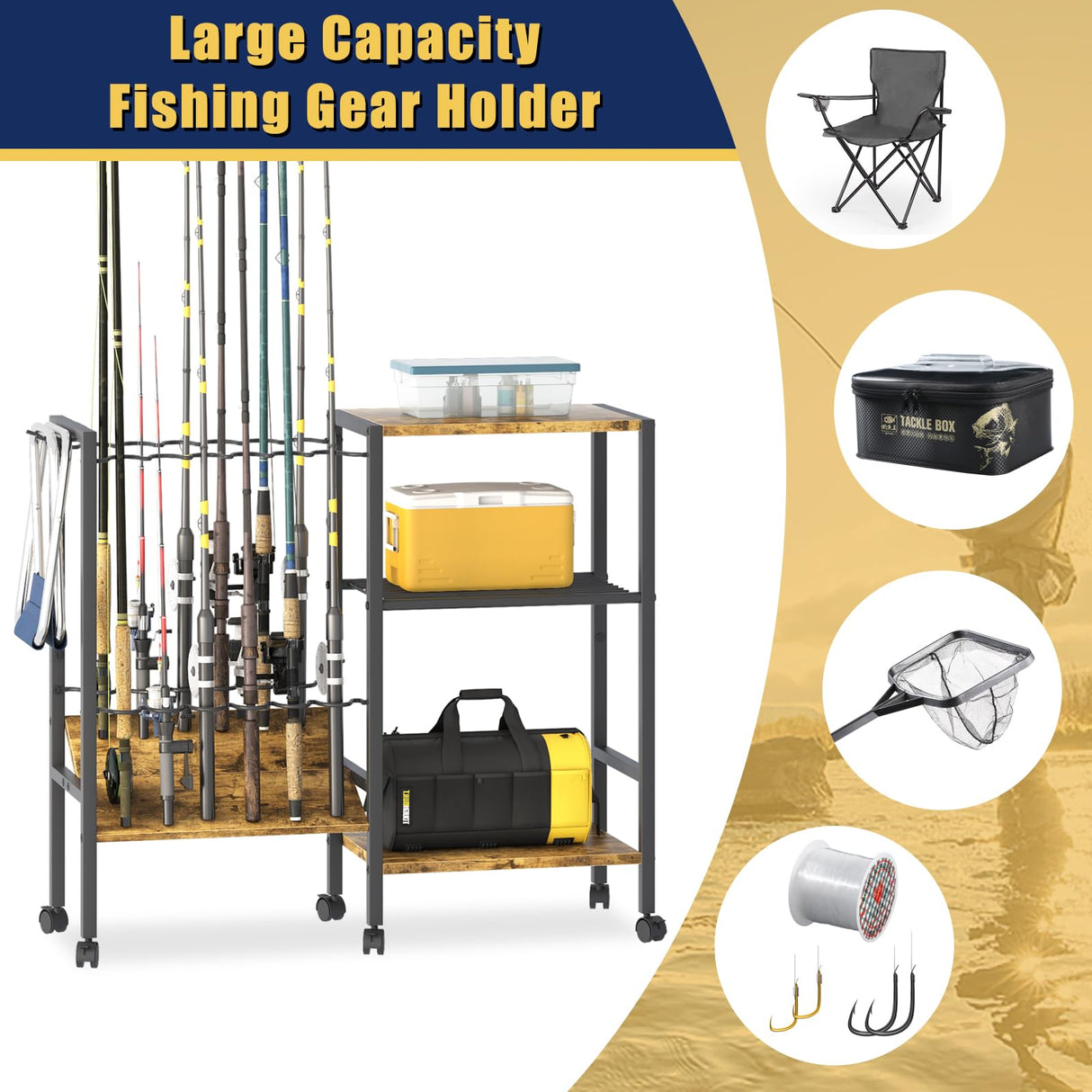 Azheruol Fishing Rod Rack Fishing Equipment Organizers With Wheels, Metal Fishing Gear Shelf Up To 12 Rods, Fishing Rod Holders Fishing Pole Storage Cart For Garage Home Entryway Corner Azheruol