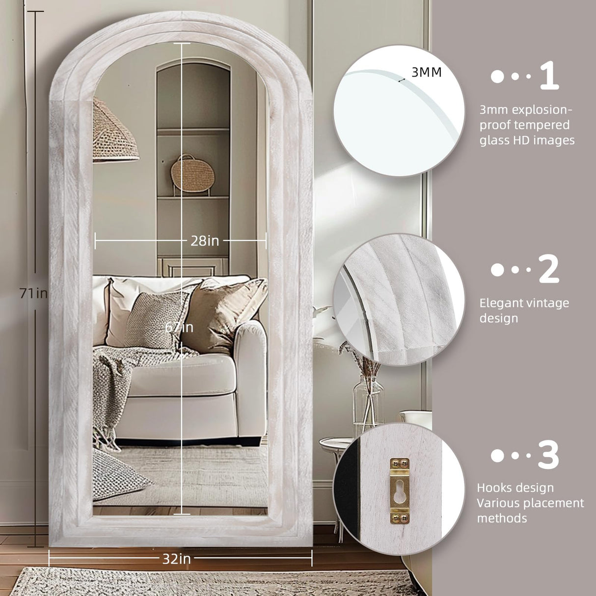 ZHUNFA Arched Full Length Mirror with Solid Wood Frame, 71x32 Farmhouse Wall Mirror Full Length with Stand, Vertical Hanging, Leaning Standing for Bedroom, Living Room, Rustic White ZHUNFA