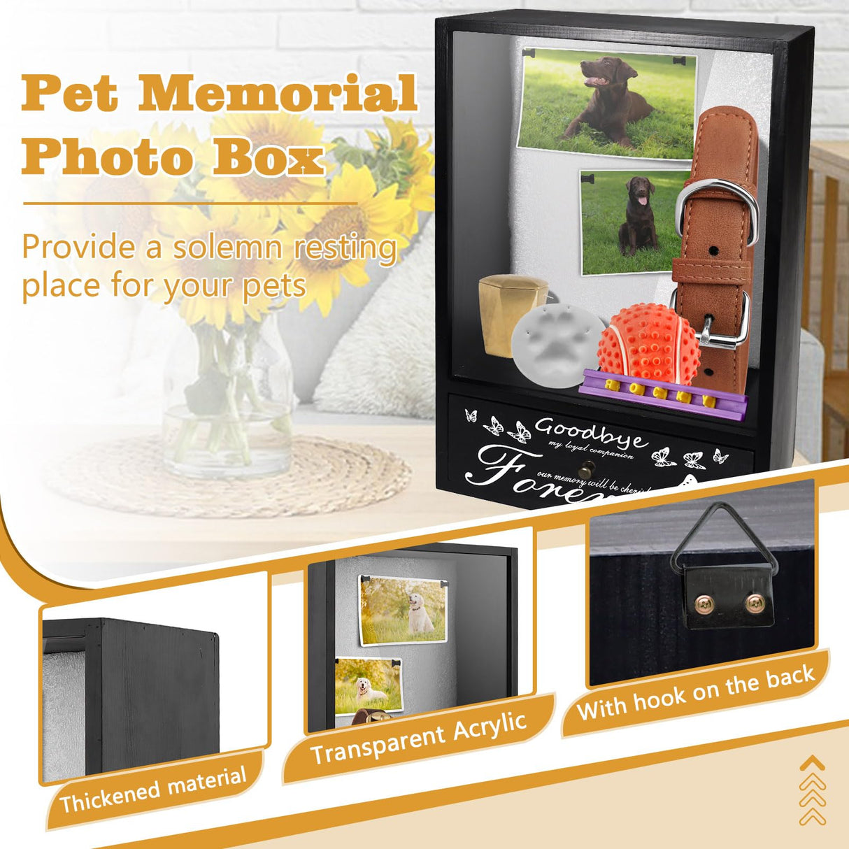 Pet Memorial Shadow Box, Pet Urn Ashes Display Case with Drawer, Dog Memorial Picture Frame Display Case, Pet Memorial Gifts for Loss of Dog with Pet Paw Print Set (Black) Quxddy